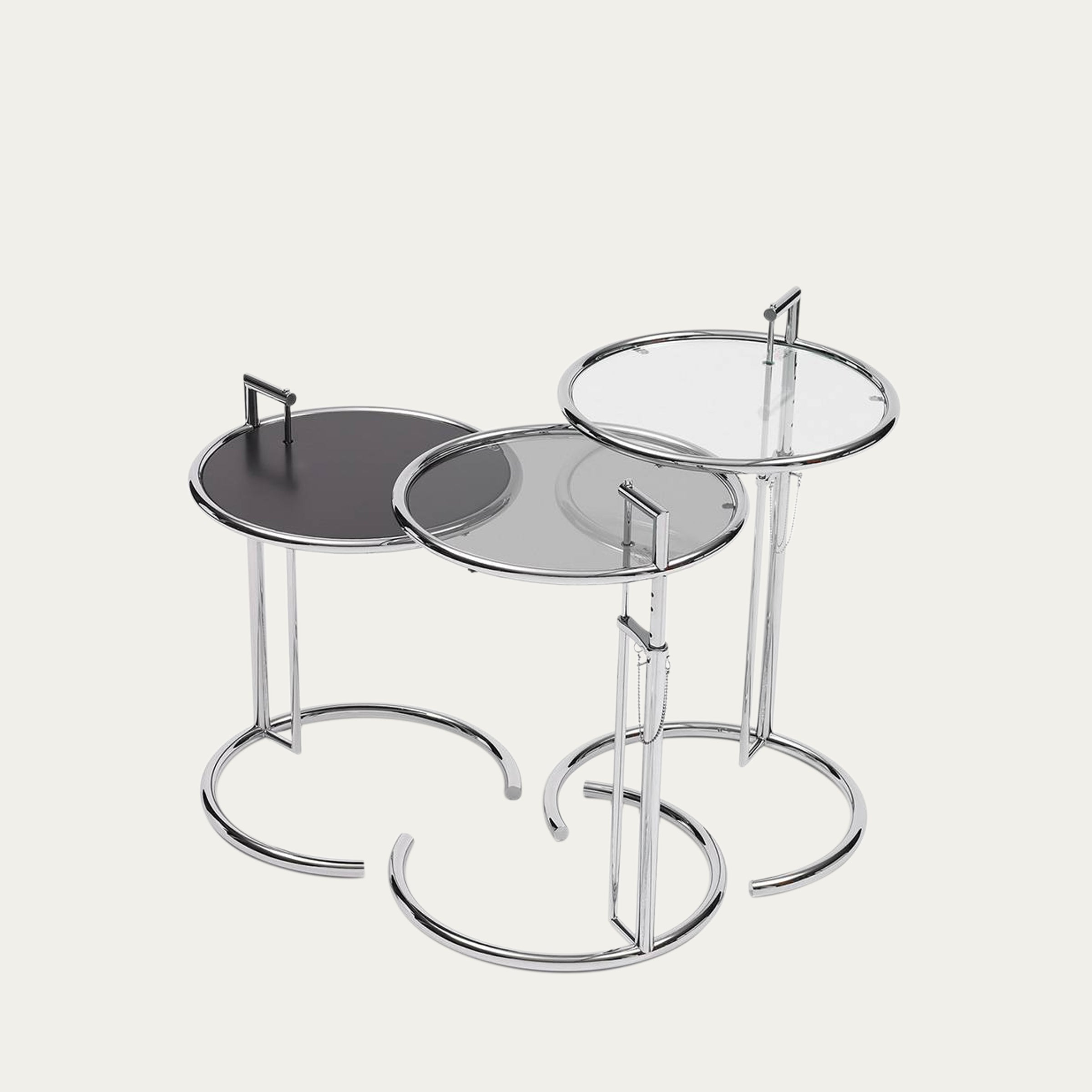 Adjustable Table E1027 von Eileen Gray 1927 mit glänzendem Chromrahmen und Glasfläche