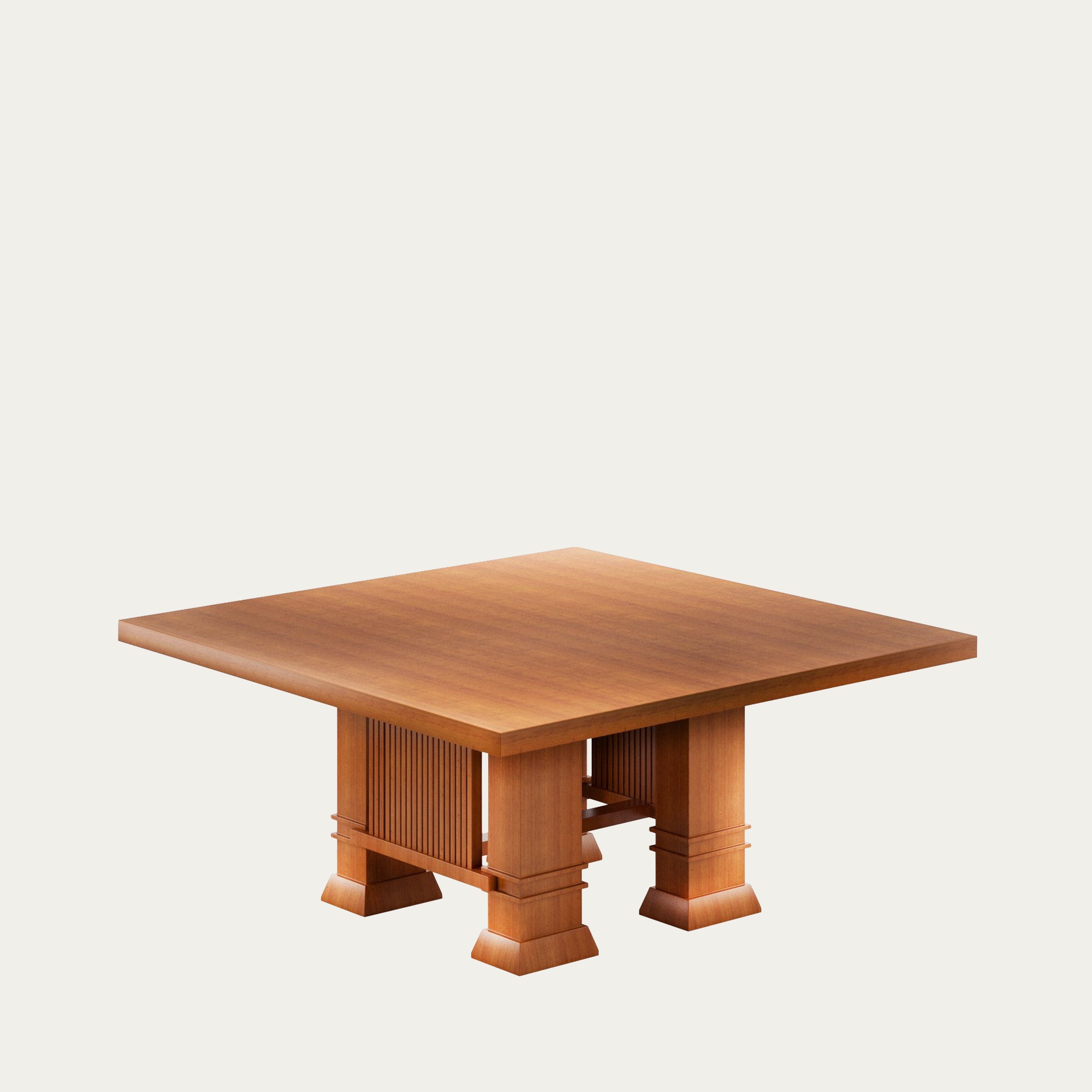Quadratischer Allen Tisch von Frank Lloyd Wright aus hellem Holz mit markanten Pfeilerfüßen und vertikalen Lamellen