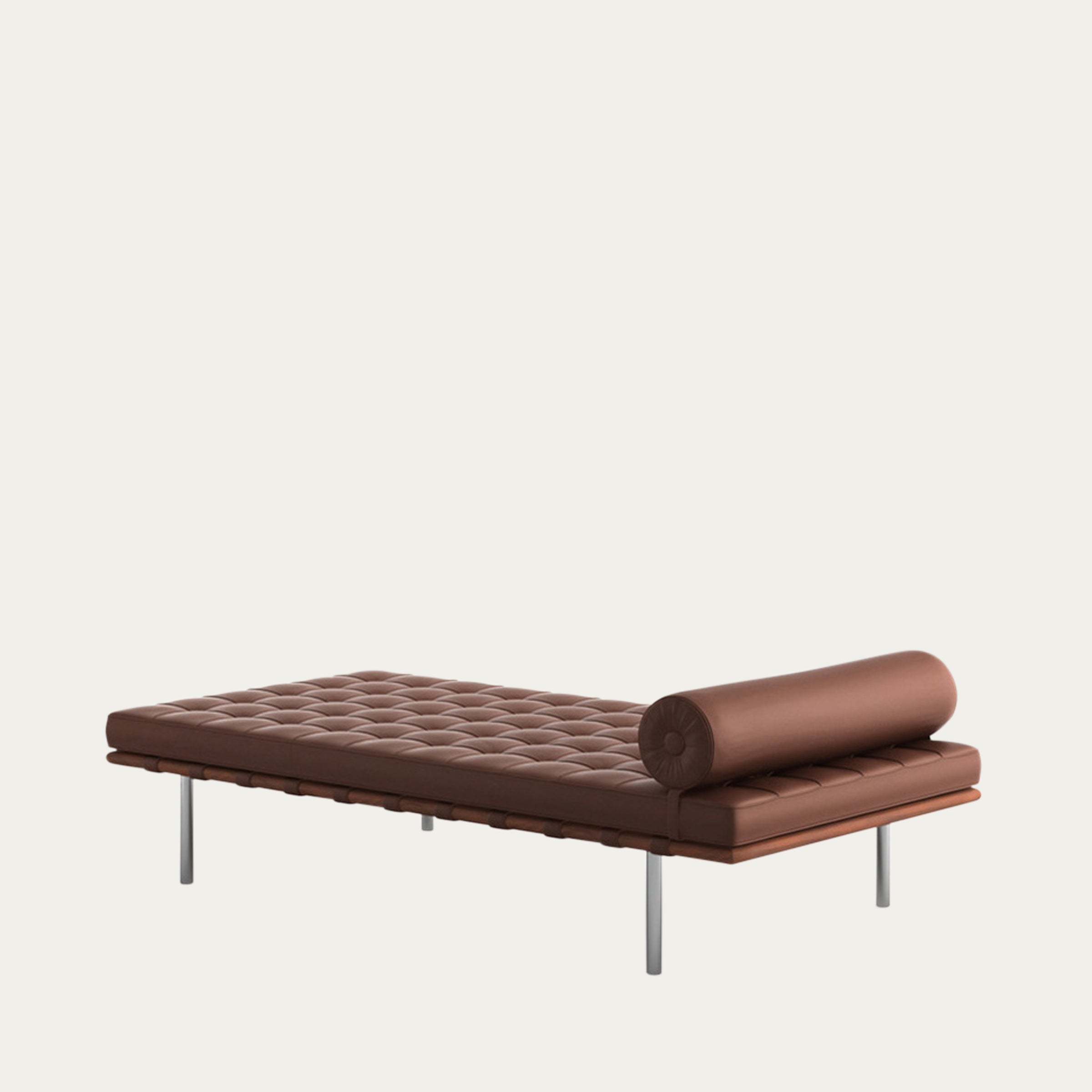 Braune Barcelona Couch von Ludwig Mies van der Rohe, luxuriöse Tagesliege mit Knopfsteppung und Lederrollenkissen