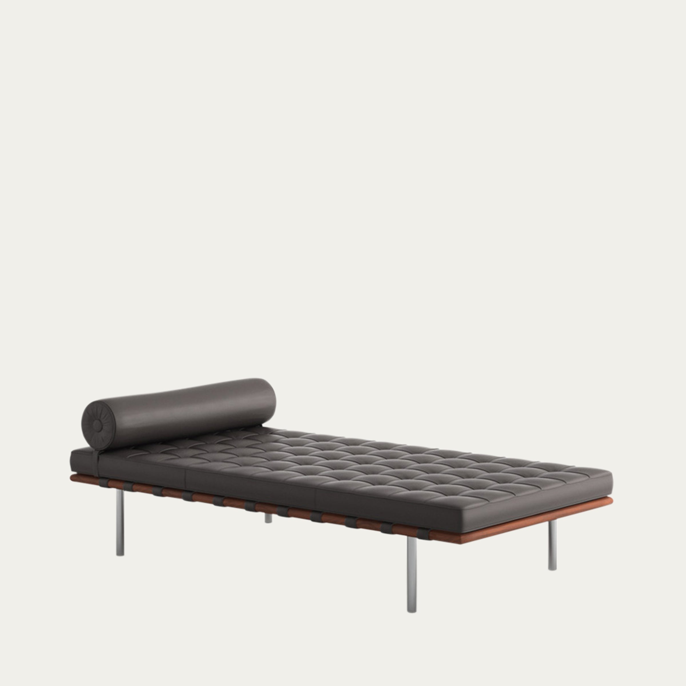 Dunkelgraue Barcelona Couch, moderne Tagesliege mit Knopfsteppung und rundem Lederrollenkissen