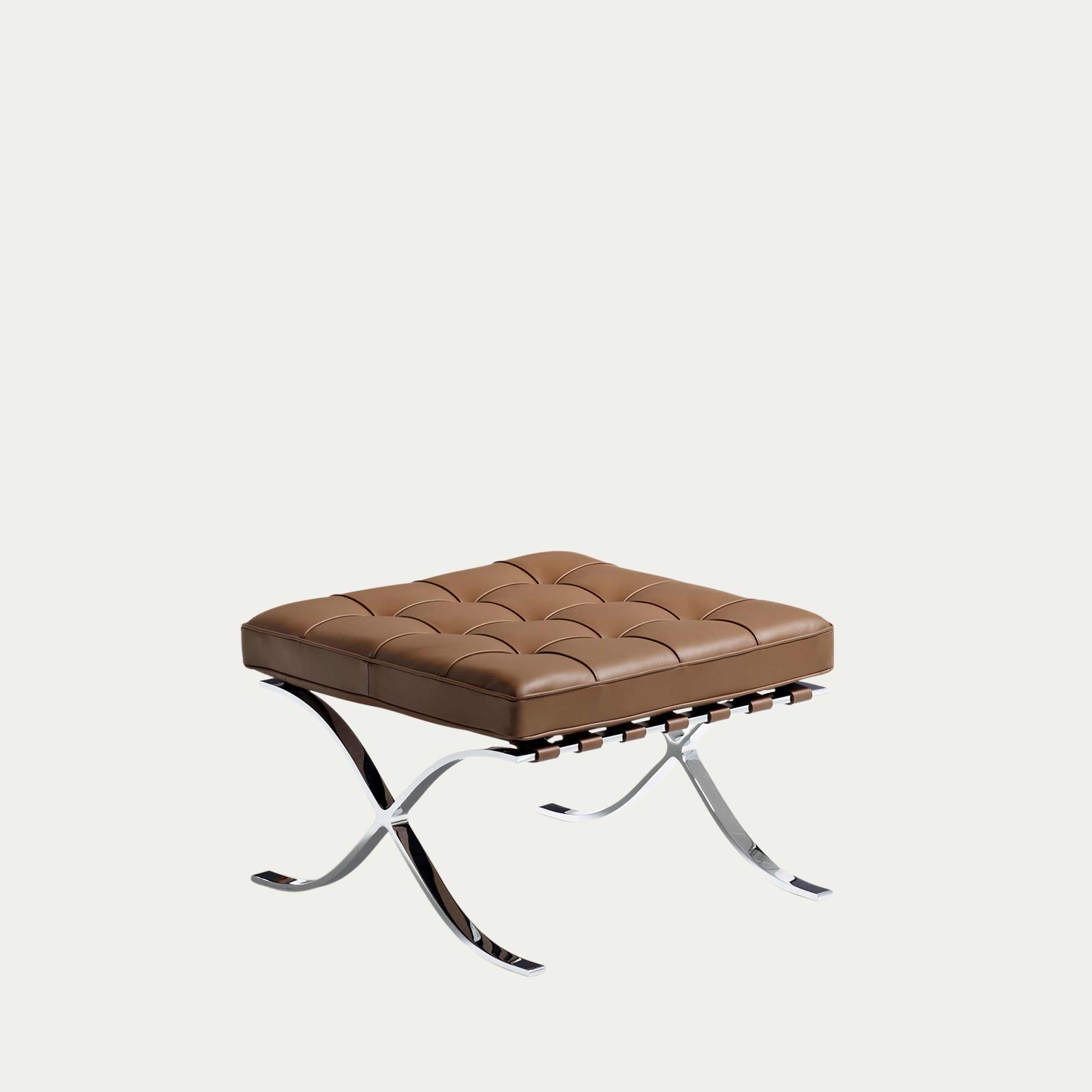 Brauner Barcelona Hocker mit gepolsterter Lederauflage und gekreuztem verchromtem Stahlgestell