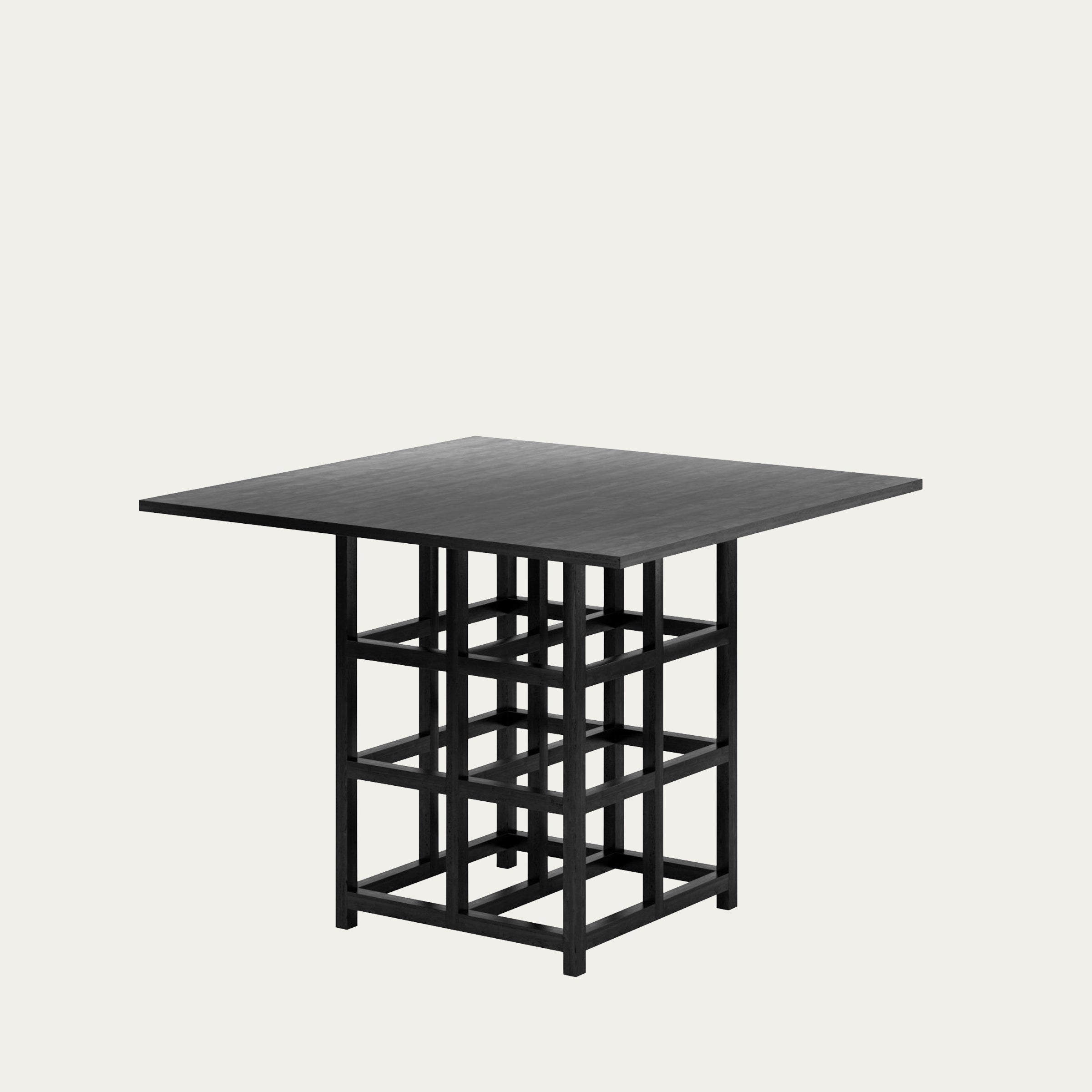 Basset Lowke Tisch von Charles Rennie Mackintosh 1917 in schwarzer Ausführung mit quadratischer Tischplatte und kubischem Gittergestell, ikonisches Arts-and-Crafts-Design