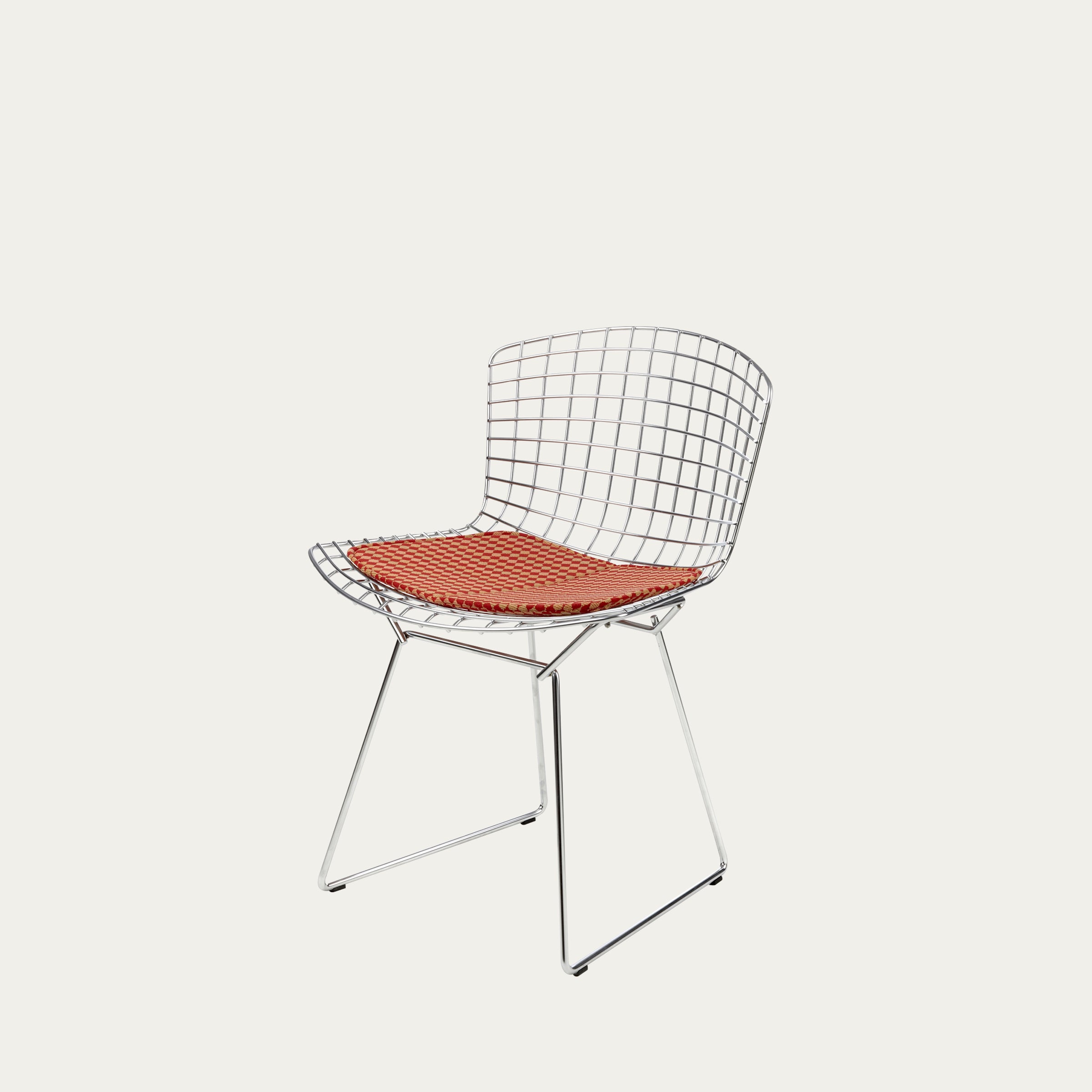 Verchromter Bertoia Side Chair von Harry Bertoia mit geformtem Drahtgeflecht und rotem Sitzpolster