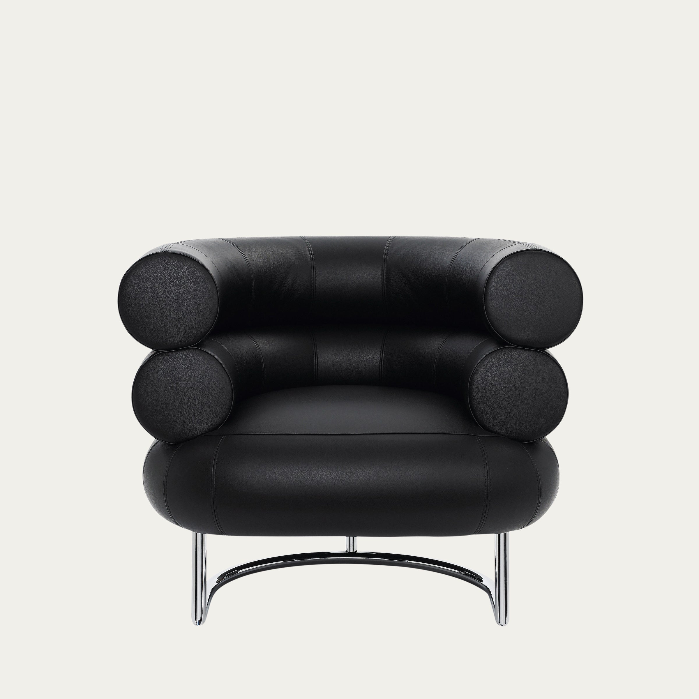 Schwarzer Bibendum Sessel von Eileen Gray 1926 aus Leder mit skulpturaler Polsterung und Stahlkufen