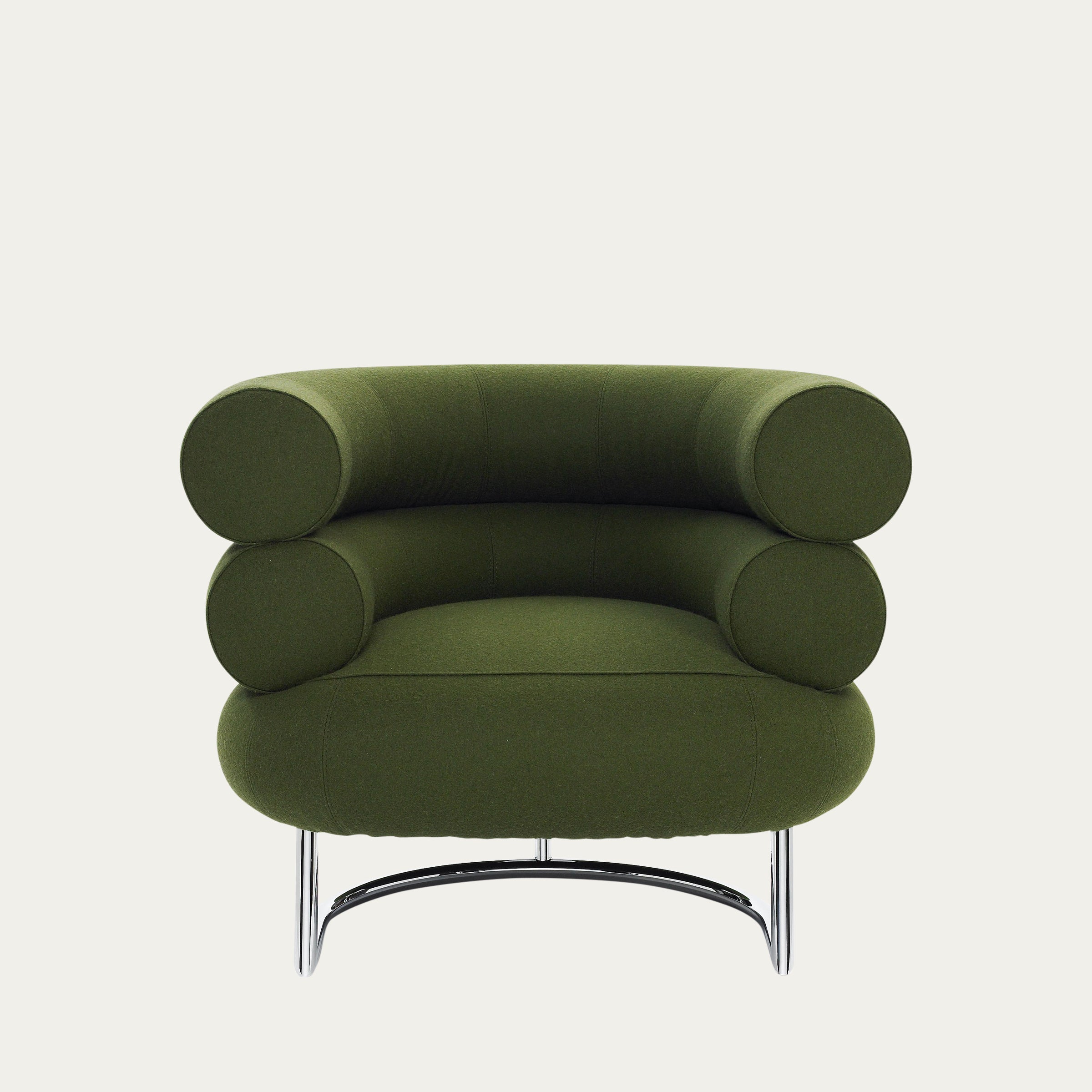 Bibendum Sessel von Eileen Gray 1926 in grünem Stoff mit weichen Zylinderformen und verchromtem Gestell