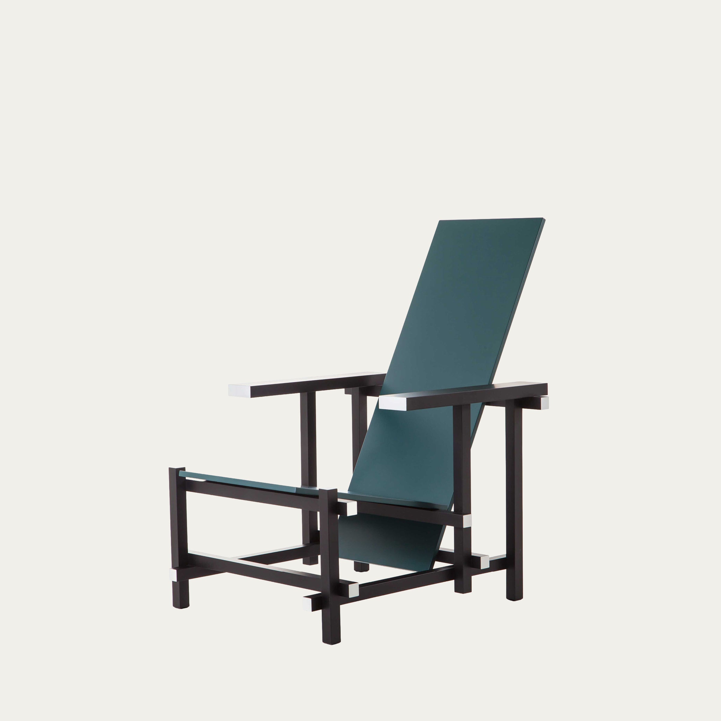 Hinteransicht des Blue Zeilmaker Sessels ohne Polster, mit dunkelgrüner Rückenlehne und schwarzem rechteckigem Holzgestell