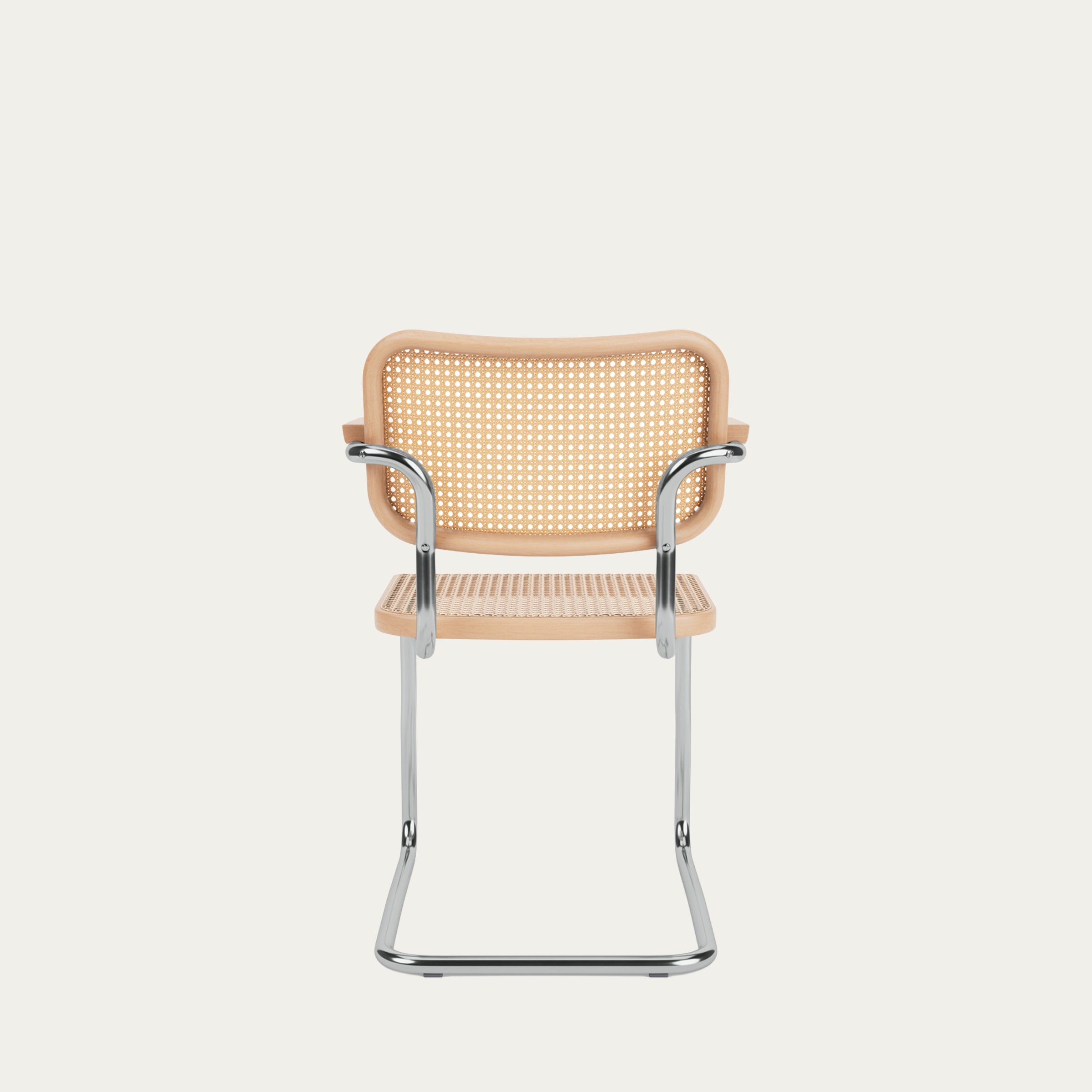 Rückansicht des Cesca Stuhls mit Armlehnen von Marcel Breuer, Naturrohr-Geflecht und verchromtes Stahlrohrgestell, 1928