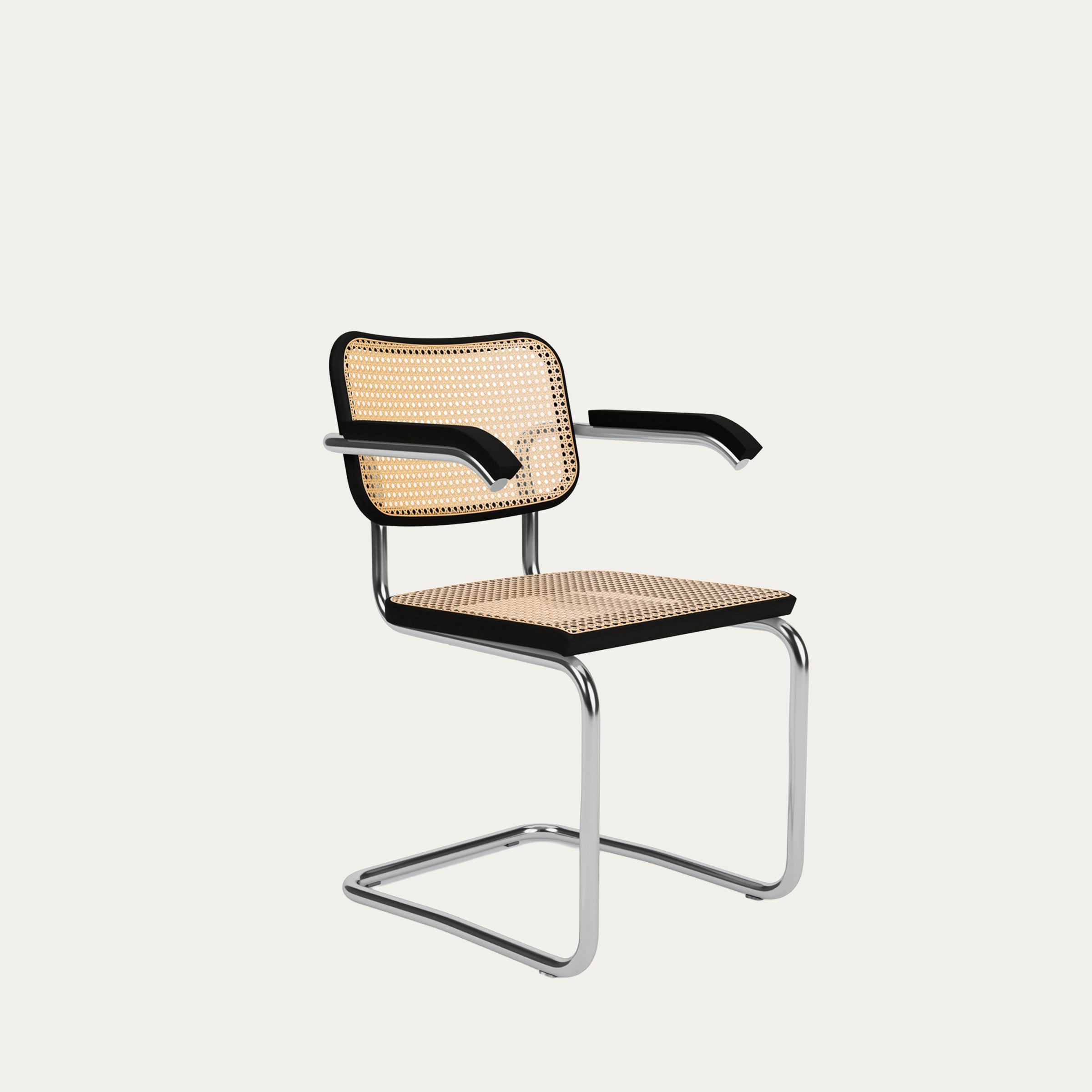 Schwarze Variante des Cesca Stuhls mit Armlehnen von Marcel Breuer, Rohrgeflecht und verchromtem Stahlrohrgestell, 1928