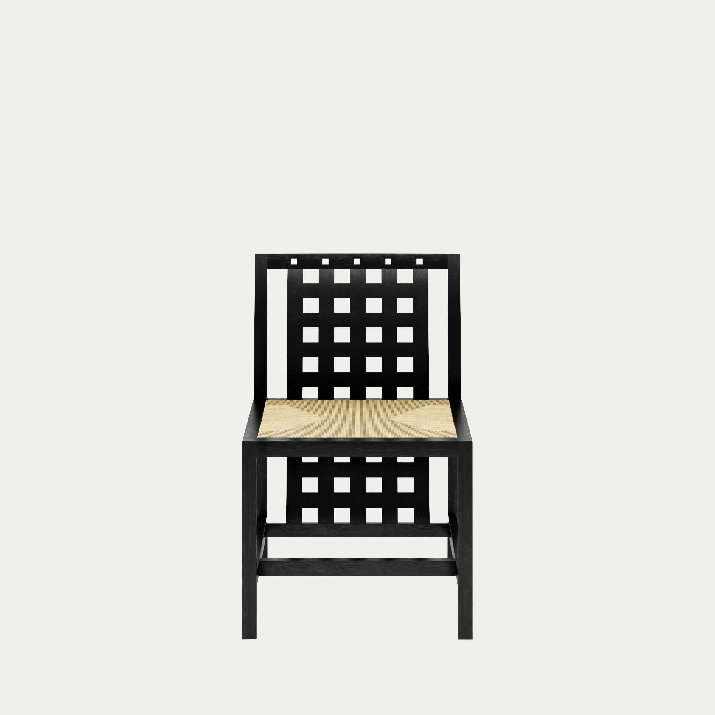D.S.3 Stuhl von Charles Rennie Mackintosh 1918 in schwarzer Ausführung, Perspektivansicht mit betonter Architektur und rechteckigem Gestell