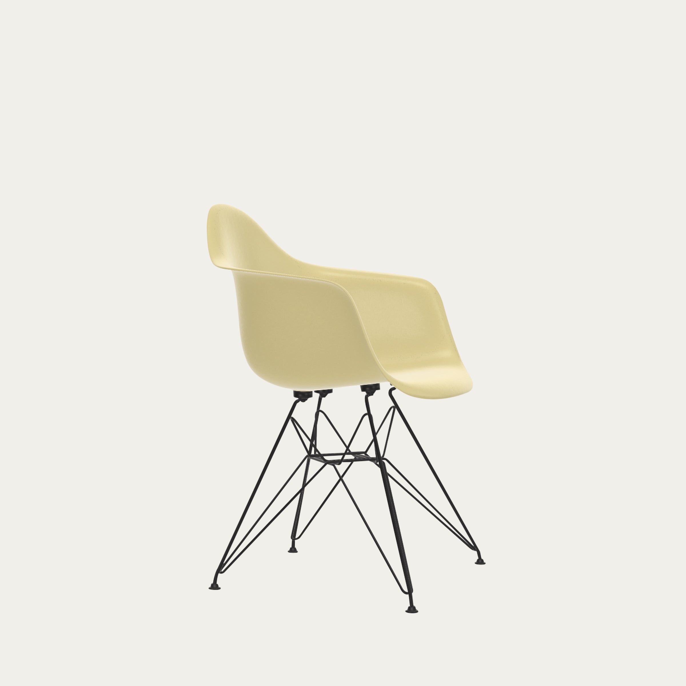 DAR Designstuhl von Charles & Ray Eames (1950) mit gelber Fiberglas-Schale und filigranem schwarzem Drahtgestell im Bauhaus-Stil