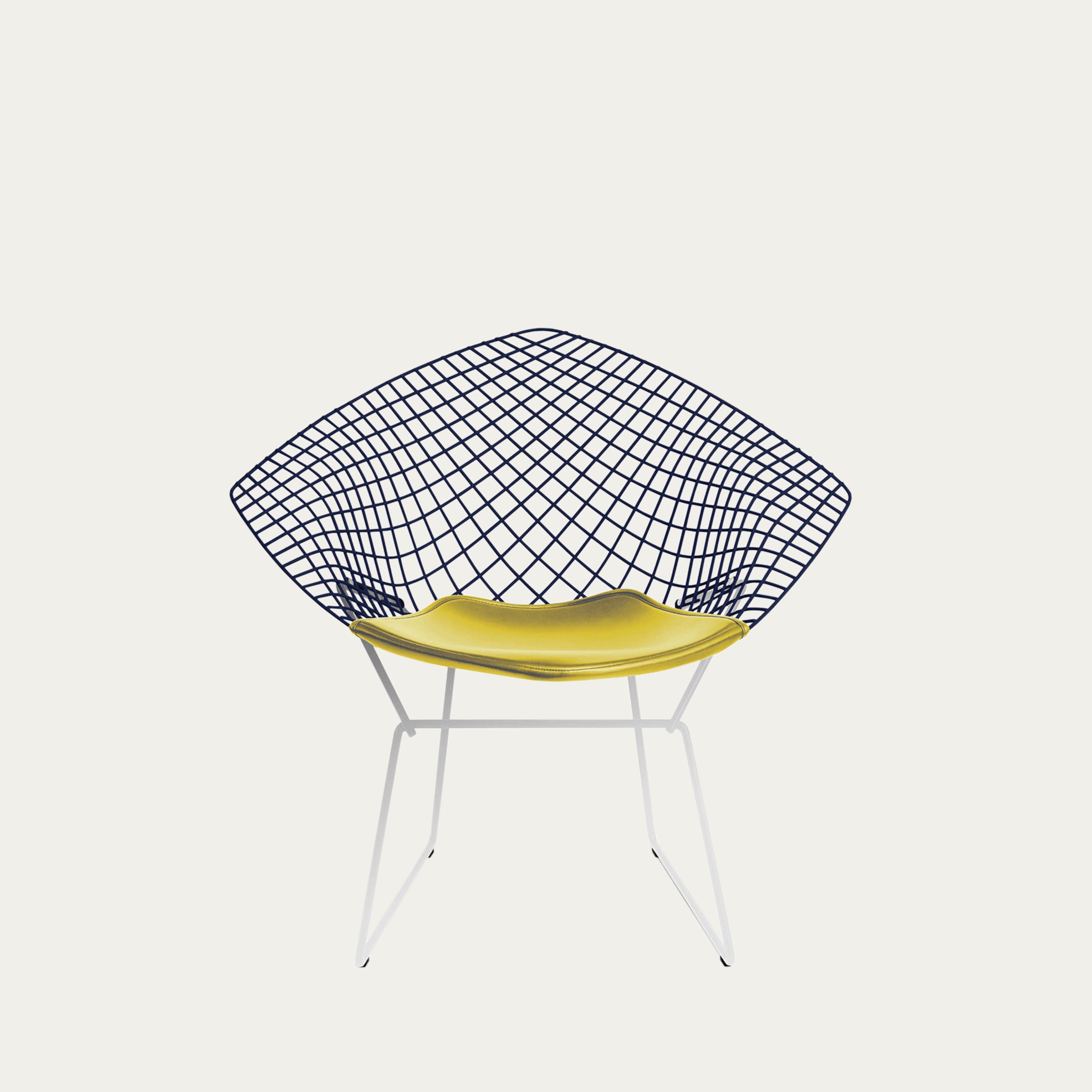 Frontansicht des Diamond Chairs von Harry Bertoia mit blauem Drahtgestell und gelbem Sitzkissen