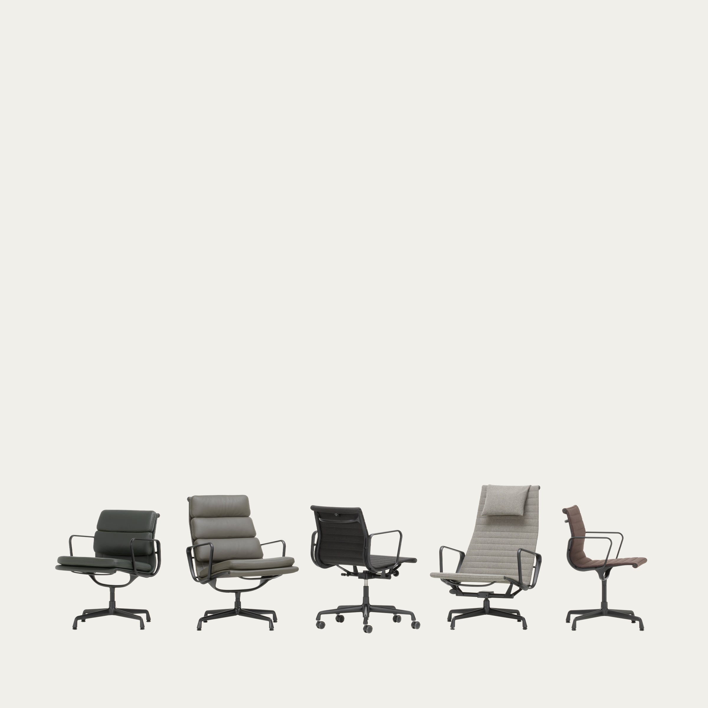 Gesamtansicht der EA 117, EA 118 und EA 119 Aluminium Chairs von Charles & Ray Eames in verschiedenen Höhen, Polsterungen und Gestellfarben