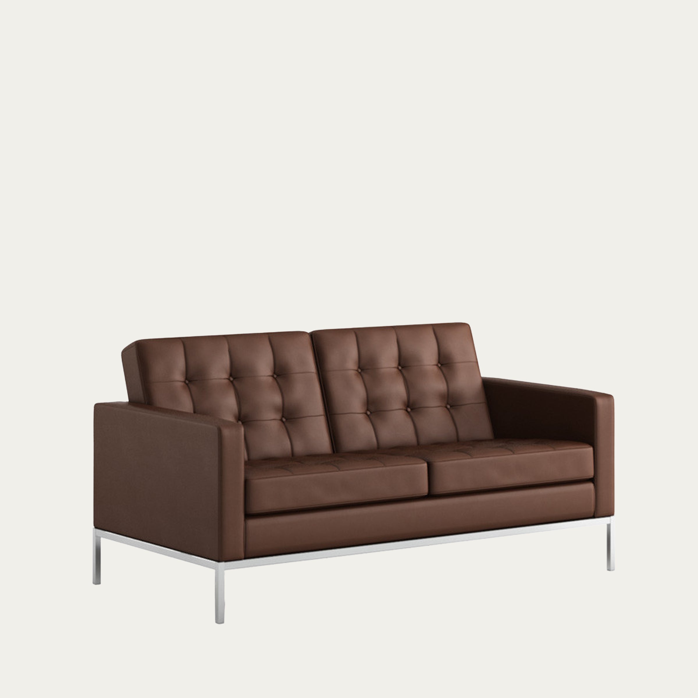 Zweisitziges Florence Knoll Sofa von 1954 in braunem Leder mit charakteristischen tuftierten Kissen und Metallrahmen