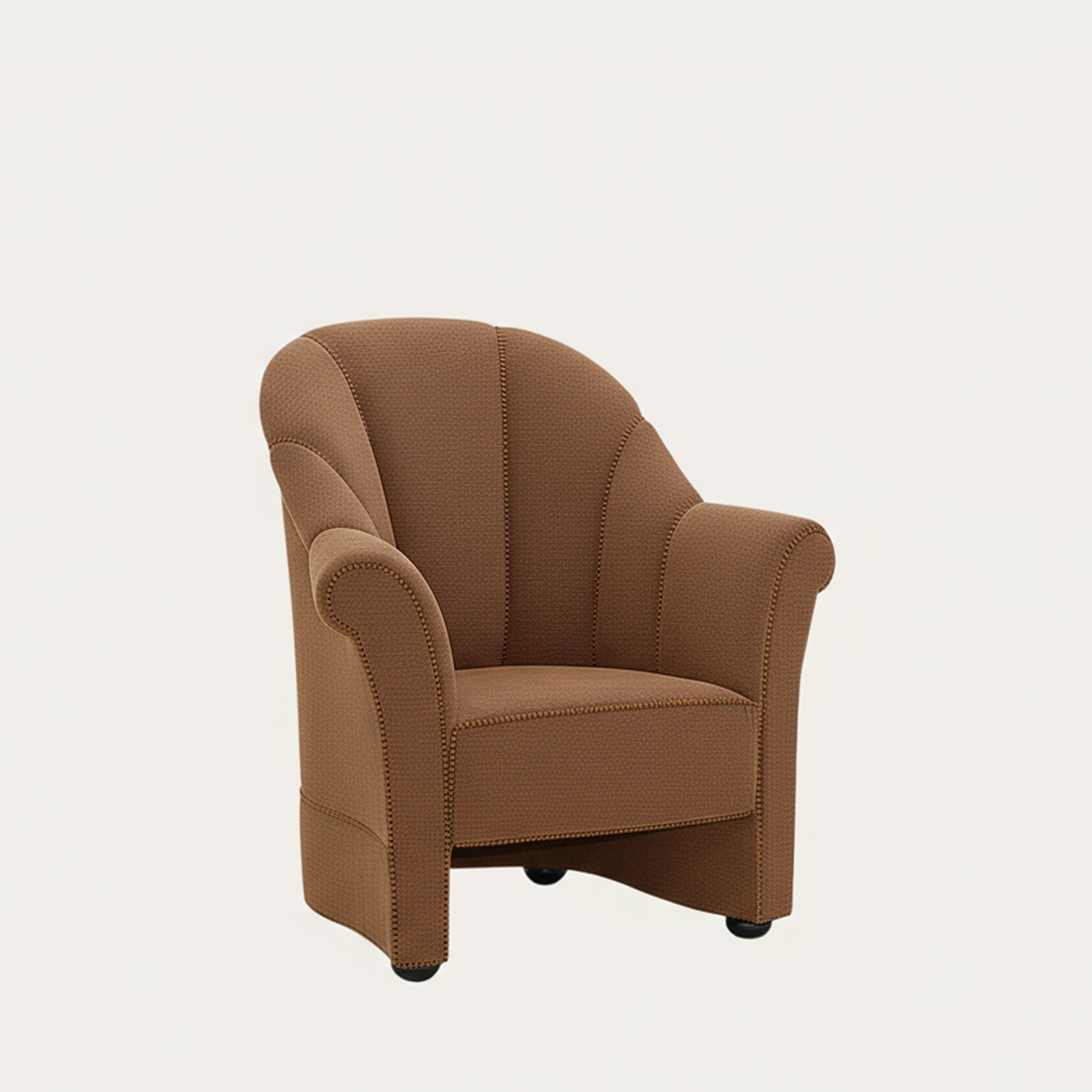 Vorderansicht des Haus Koller Sessels von Josef Hoffmann, brauner Art-Déco-Polstersessel mit gerundeten Armlehnen