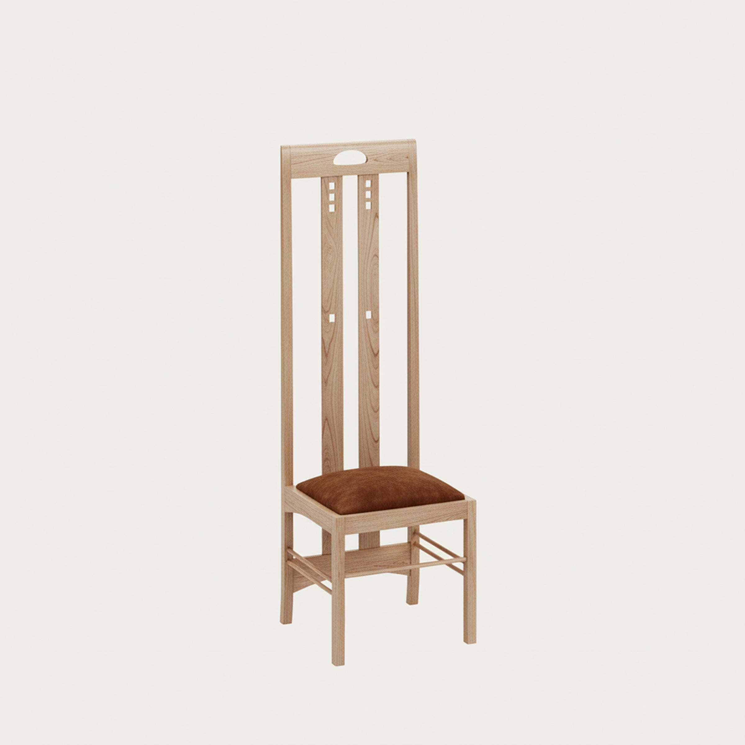 Heller Ingram Stuhl aus Holz von Charles Rennie Mackintosh 1900 mit schlanker Geometrie und braun gepolsterter Sitzfläche