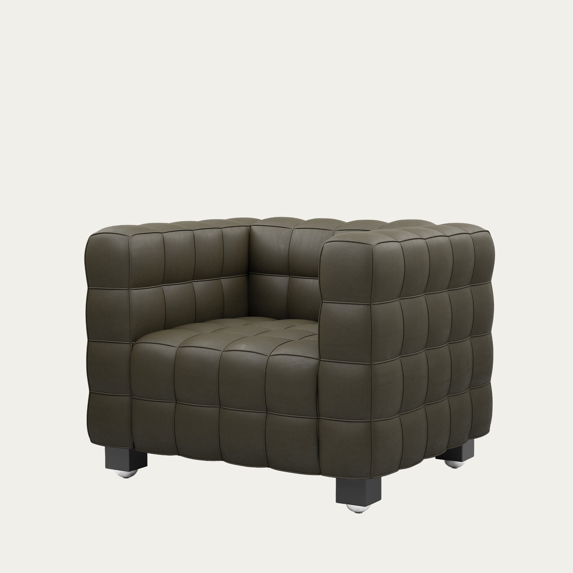 Olivgrüner Kubus Sessel von Josef Hoffmann mit charakteristischer kubischer Steppung und Lederpolsterung