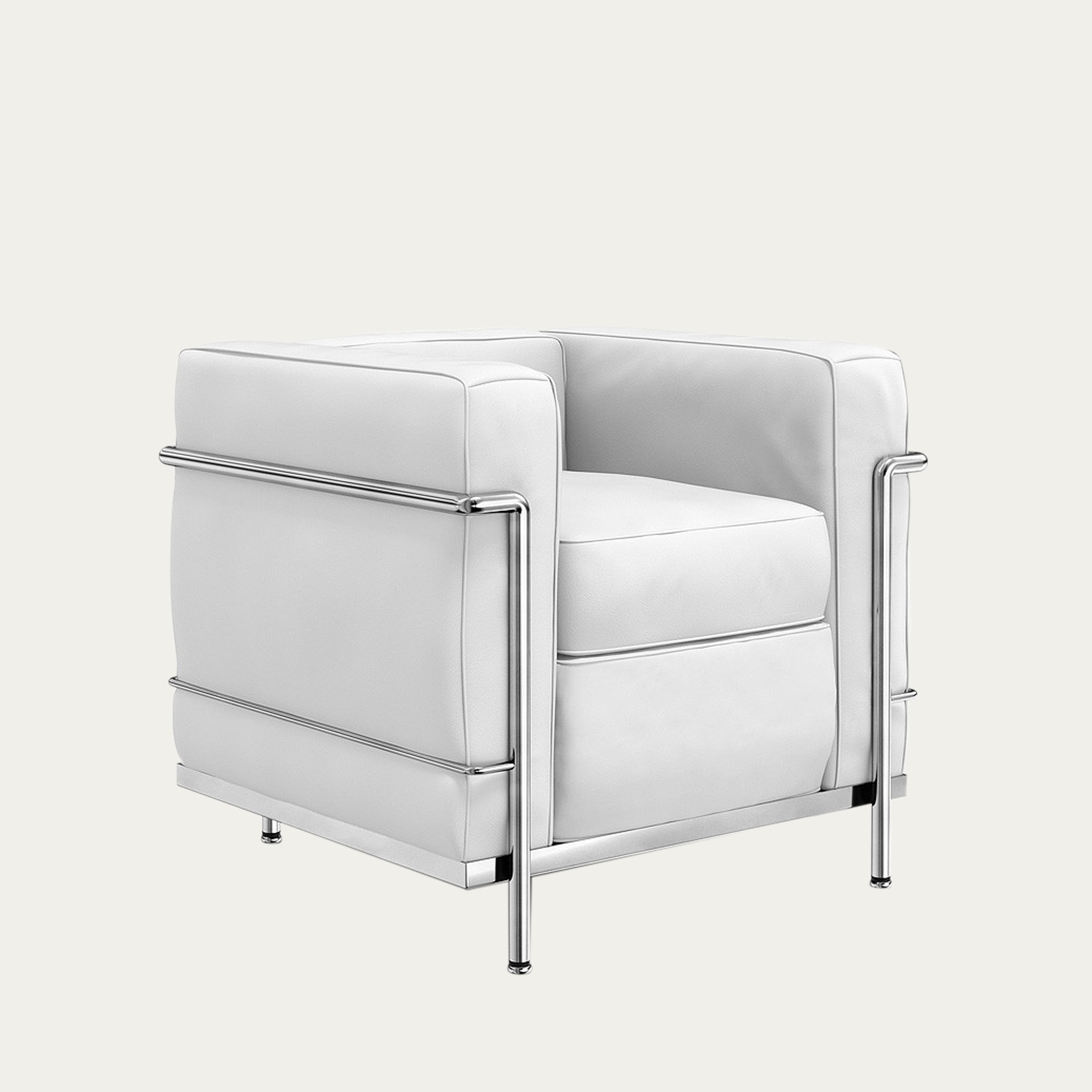 Weißer LC2 Petit Modèle Sessel von Le Corbusier mit glattem Lederbezug und poliertem Stahlrahmen