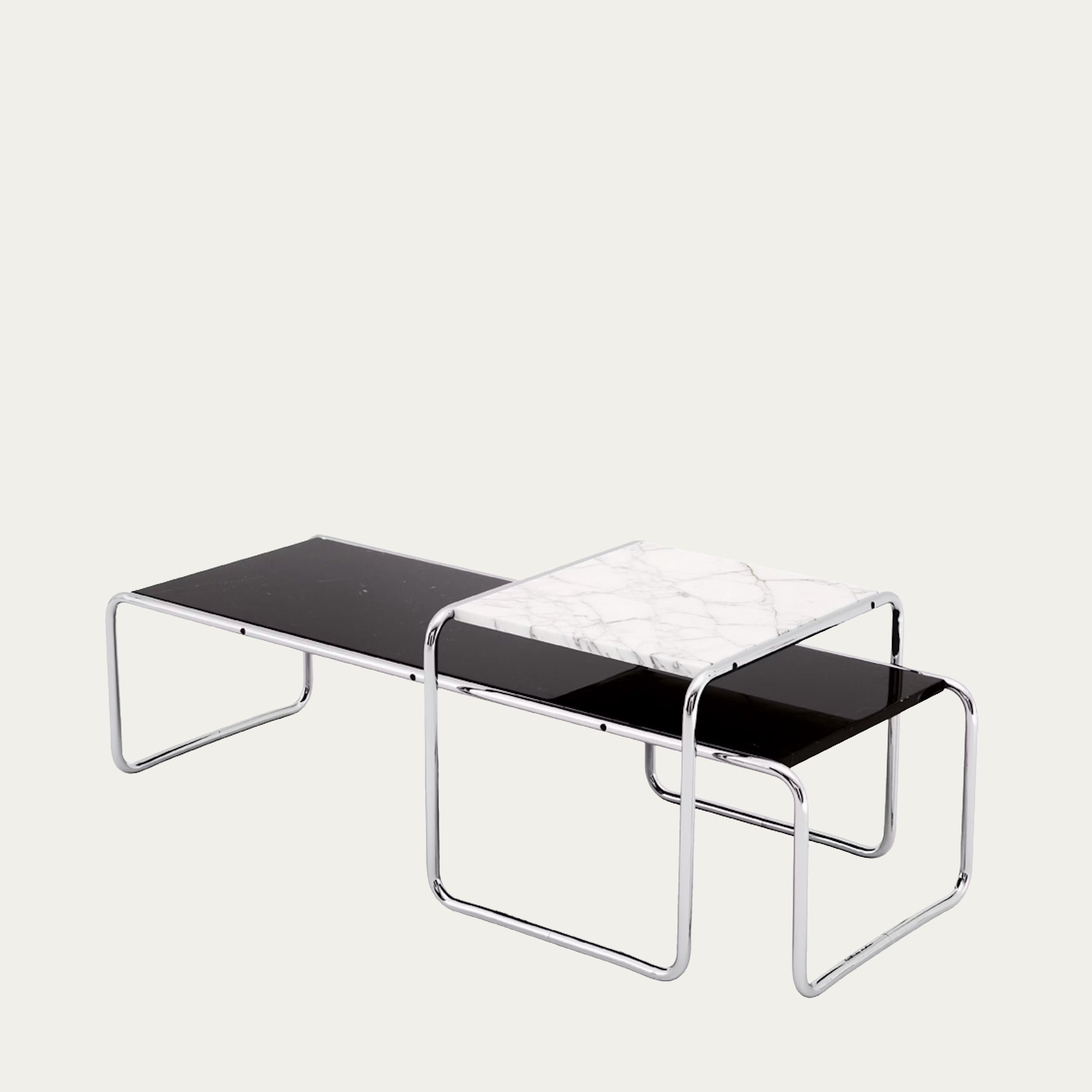 Zweiteiliges Laccio Tischset von Marcel Breuer mit schwarzer Tischplatte und weißer Marmorplatte, verchromtes Stahlrohr