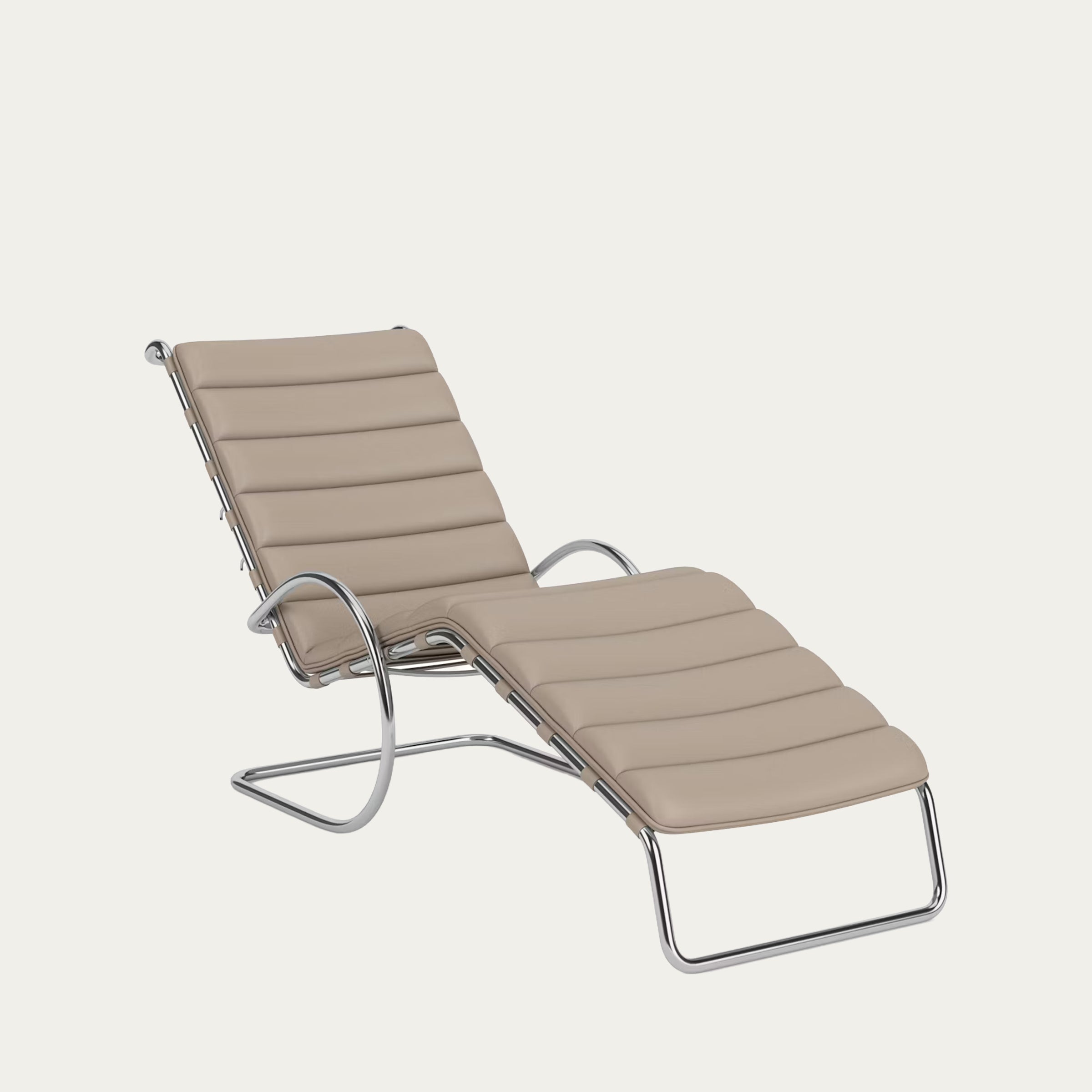 MR Adjustable Chaise Longue von Mies van der Rohe mit beiger Lederpolsterung und geschwungenem Stahlrohrgestell
