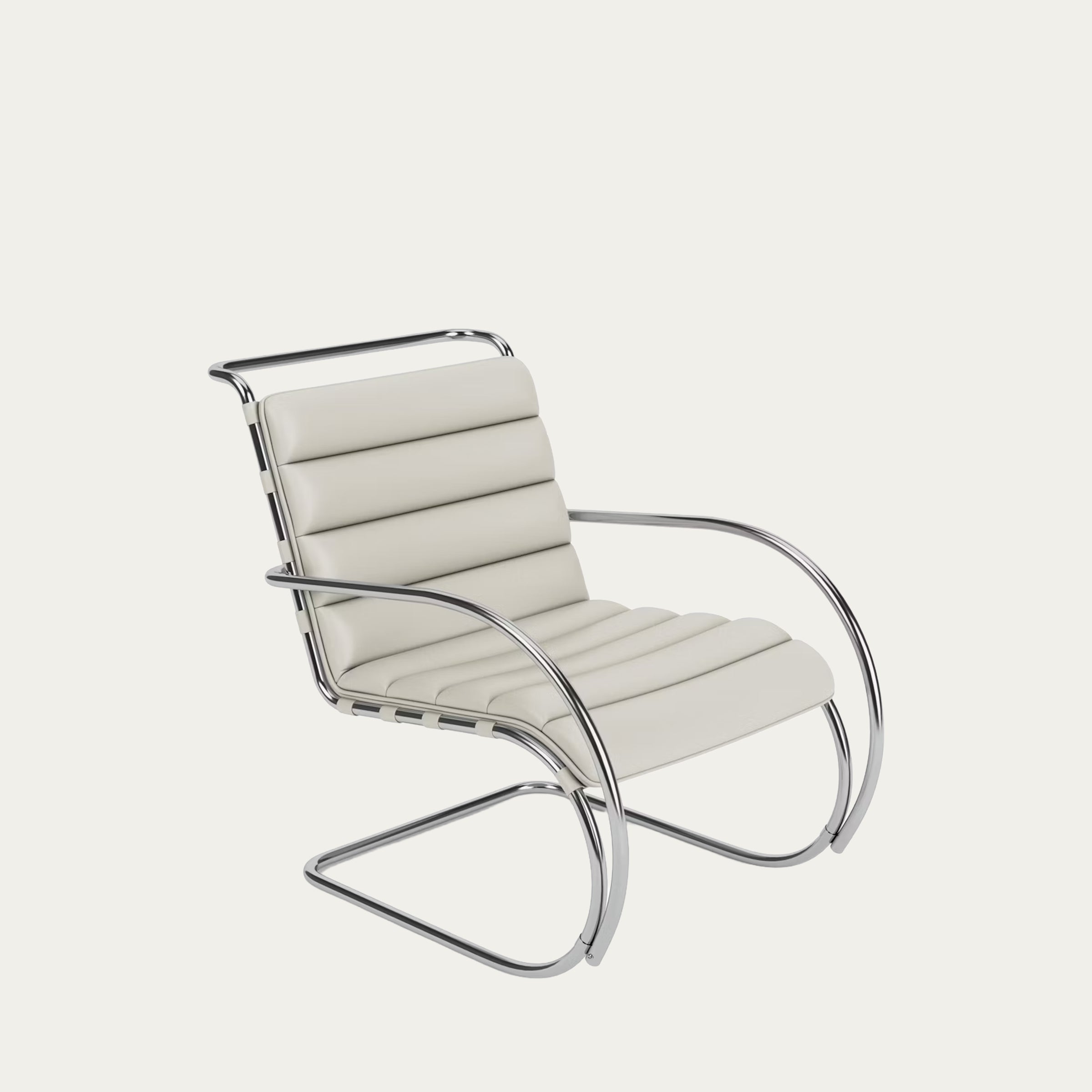 Weiß gepolsterter MR Lounge Chair mit Armlehnen von Mies van der Rohe, ikonischer Freischwinger mit verchromtem Stahlrohrgestell