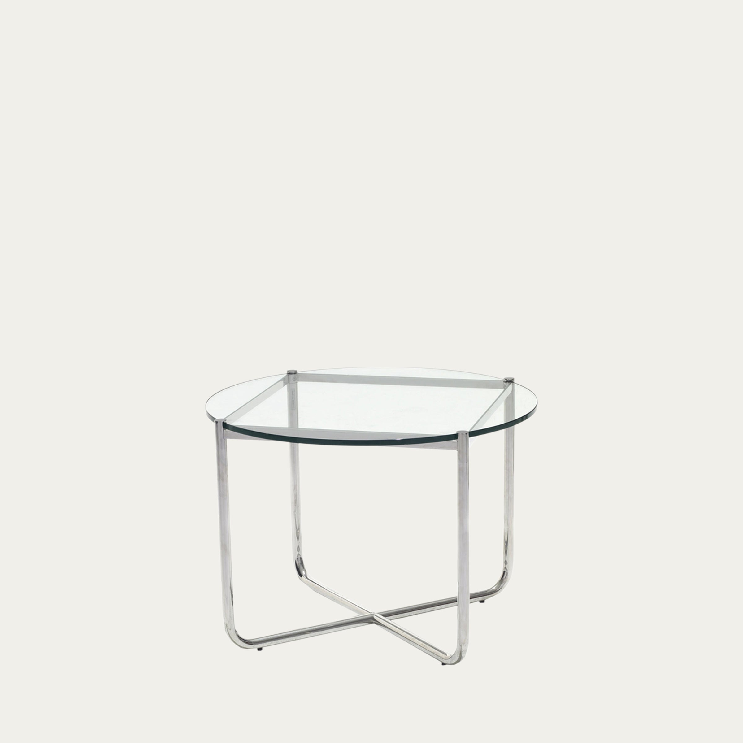 Runder MR Beistelltisch von Ludwig Mies van der Rohe mit klarer Glasplatte und verchromtem Stahlrohrgestell