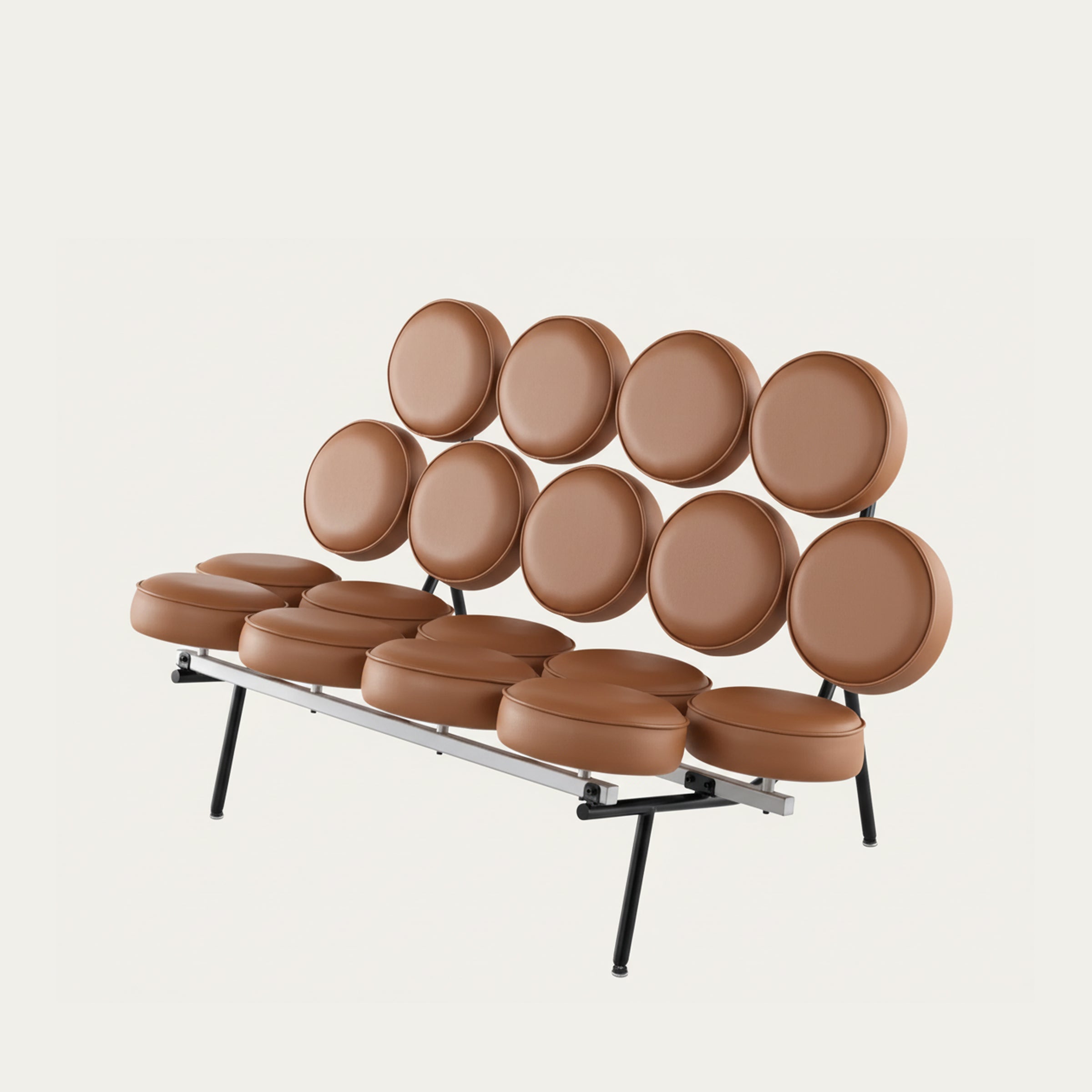 Dreiviertelansicht des Marshmallow Sofas von George Nelson aus dem Jahr 1956 mit braunen runden Polstern