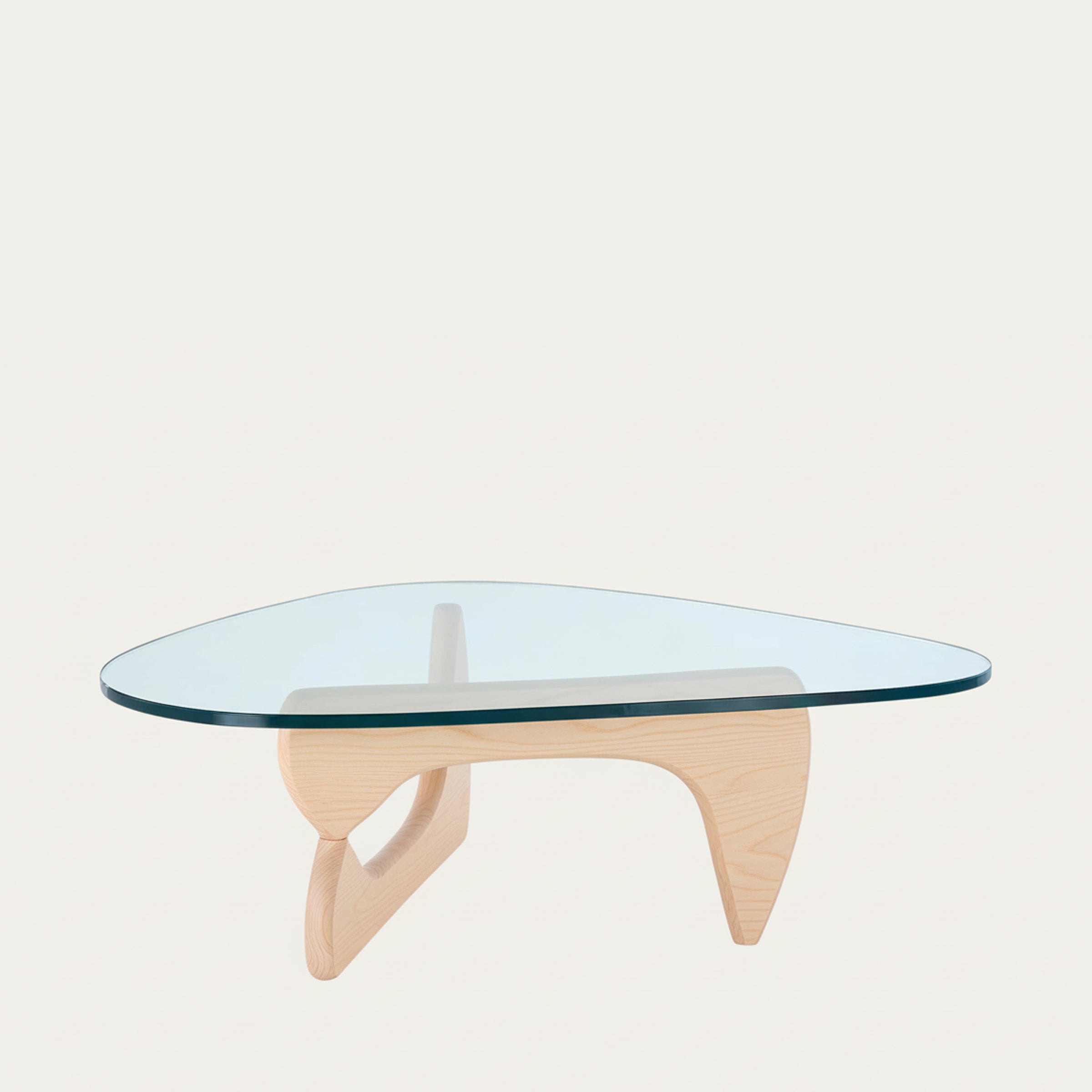 Noguchi Coffee Table mit klarer Glasplatte und hell verarbeitetem Holzgestell
