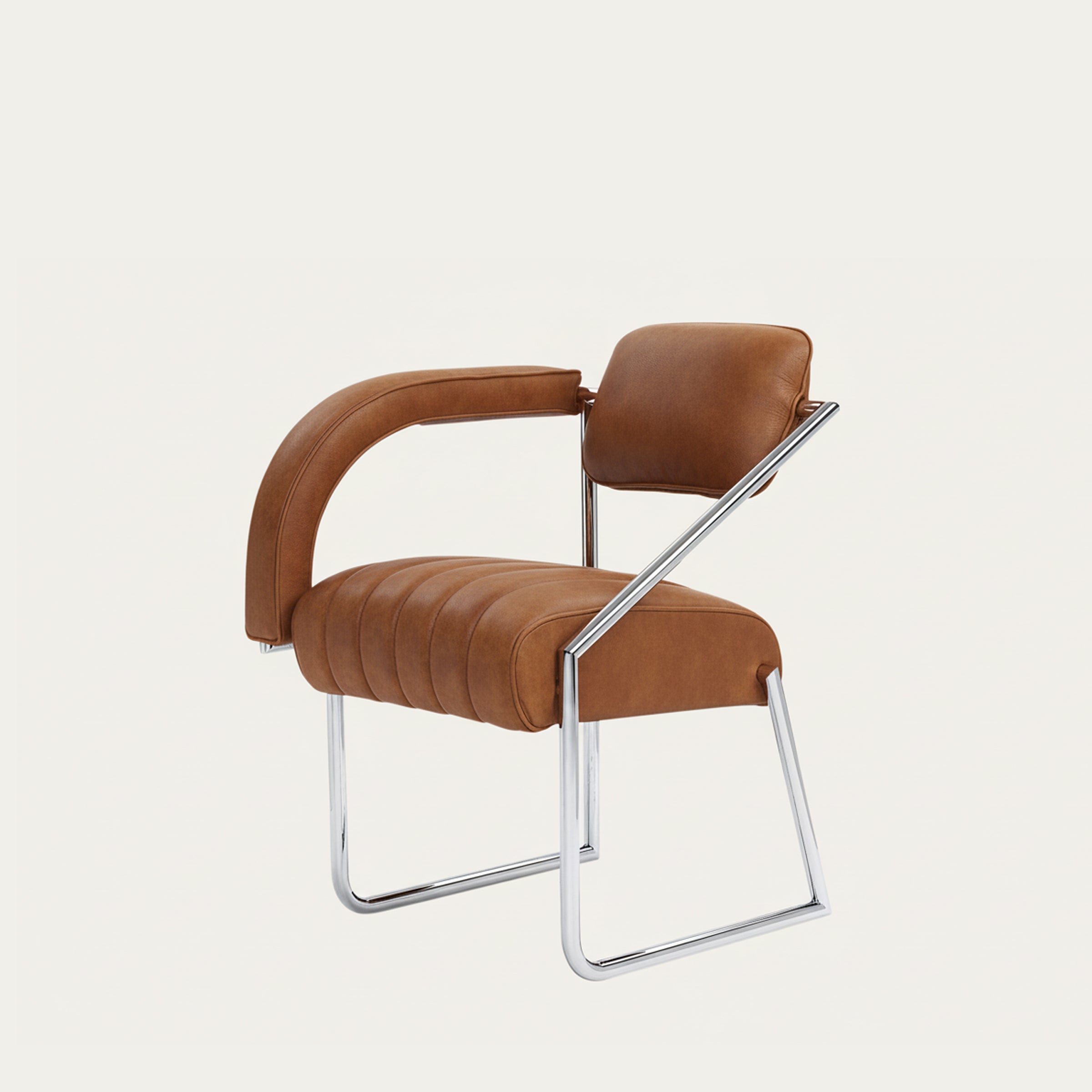 Non Conformist Sessel von Eileen Gray 1926 in brauner Lederoptik mit charakteristischer gebogener Armlehne und Stahlrahmen