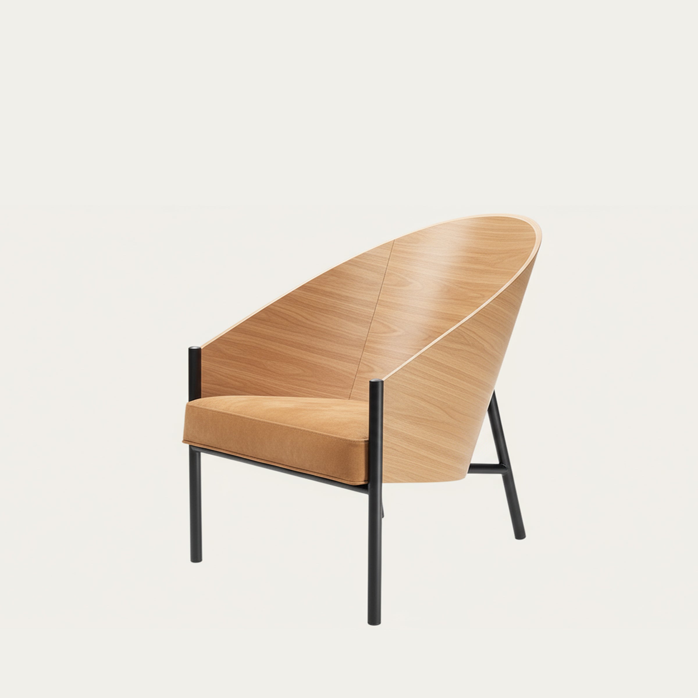 Pratfall shell armchair by Philippe Starck (1984) – elegant wooden and leather design armchair