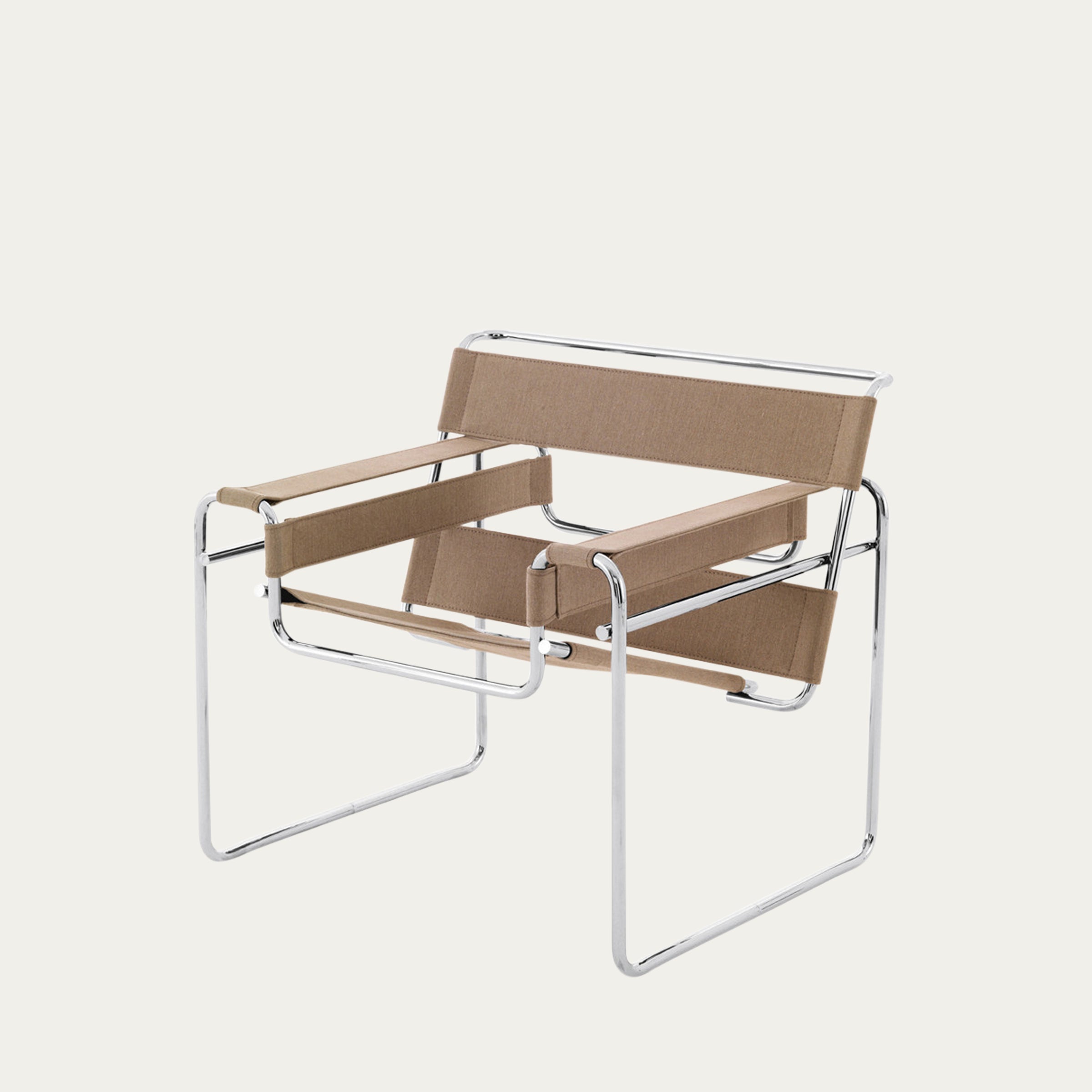Vorderansicht des braunen S34 Freischwingers Wassily Sessels von Marcel Breuer – Stahlrohr und stoffbezogene Sitz- und Rückenflächen