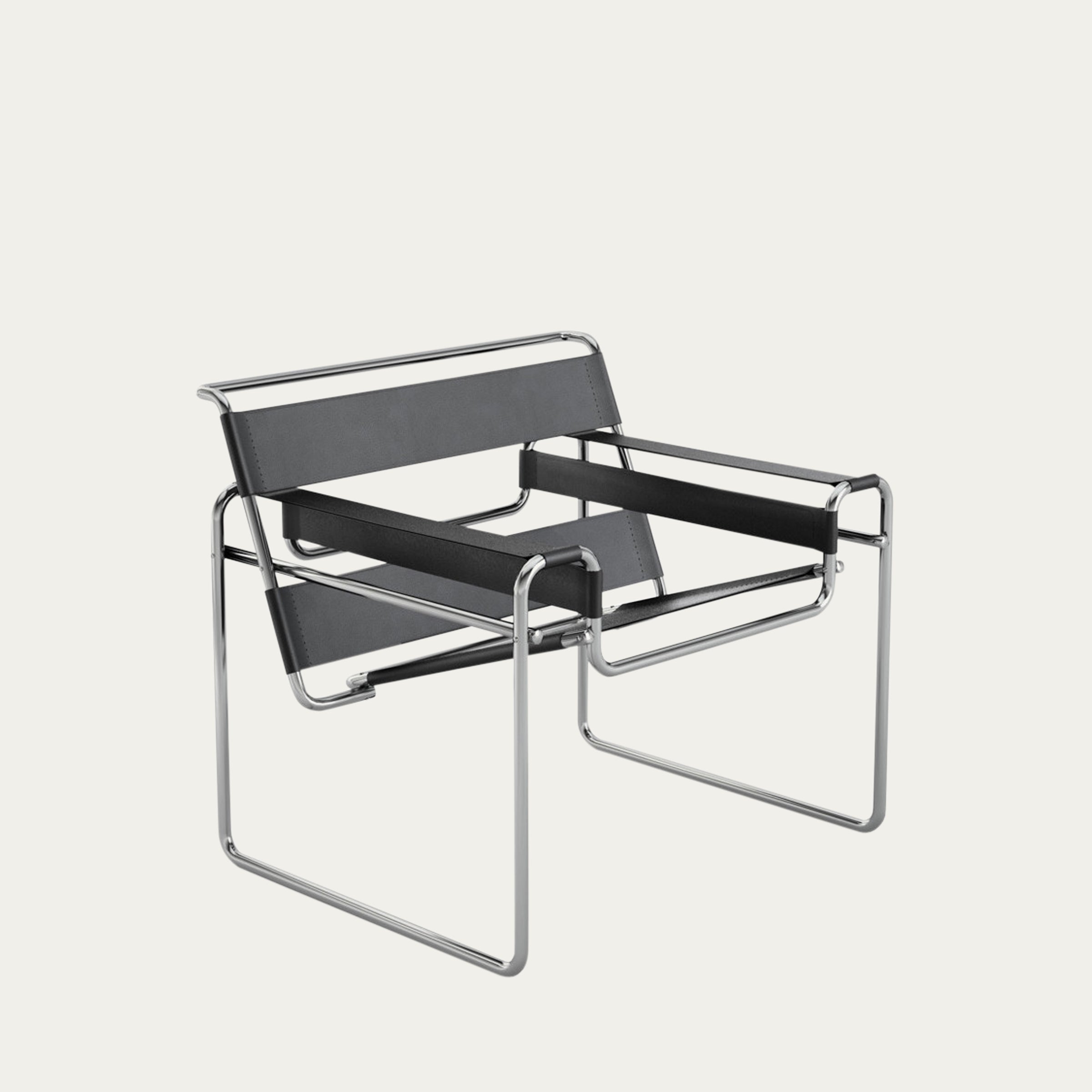 Schrägansicht des schwarzen S34 Freischwingers Wassily Sessels von Marcel Breuer – ikonisches Stahlrohrmöbel im Bauhaus-Stil