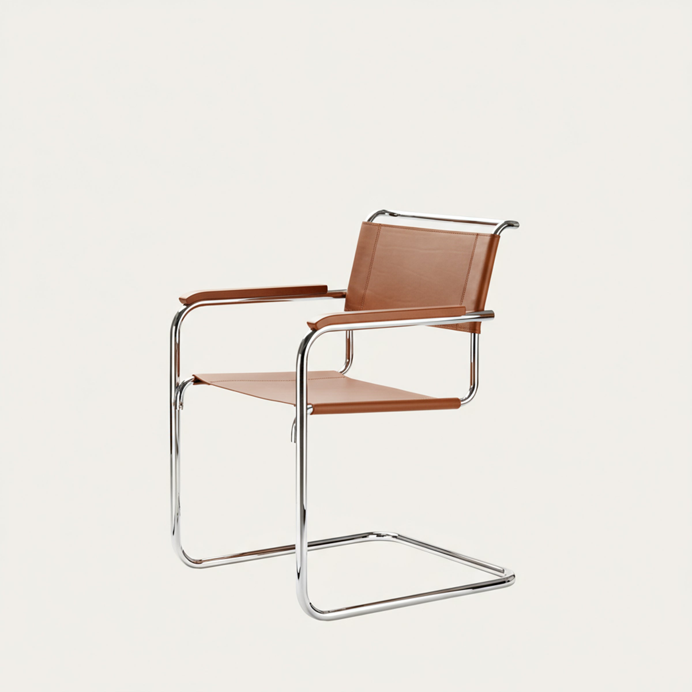 S34 Freischwinger von Mart Stam in Cognac-Leder mit verchromtem Stahlrohrgestell, klassischer Bauhaus-Armlehnstuhl von 1926