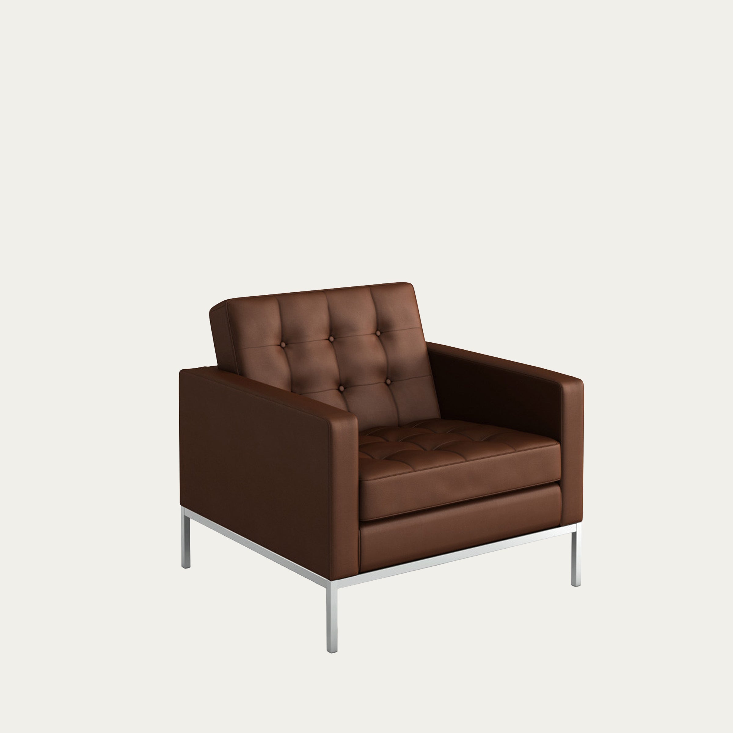 Brauner Florence-Knoll-Sessel von 1954 mit kubischer Form, Knopfsteppung und schlankem Metallrahmen