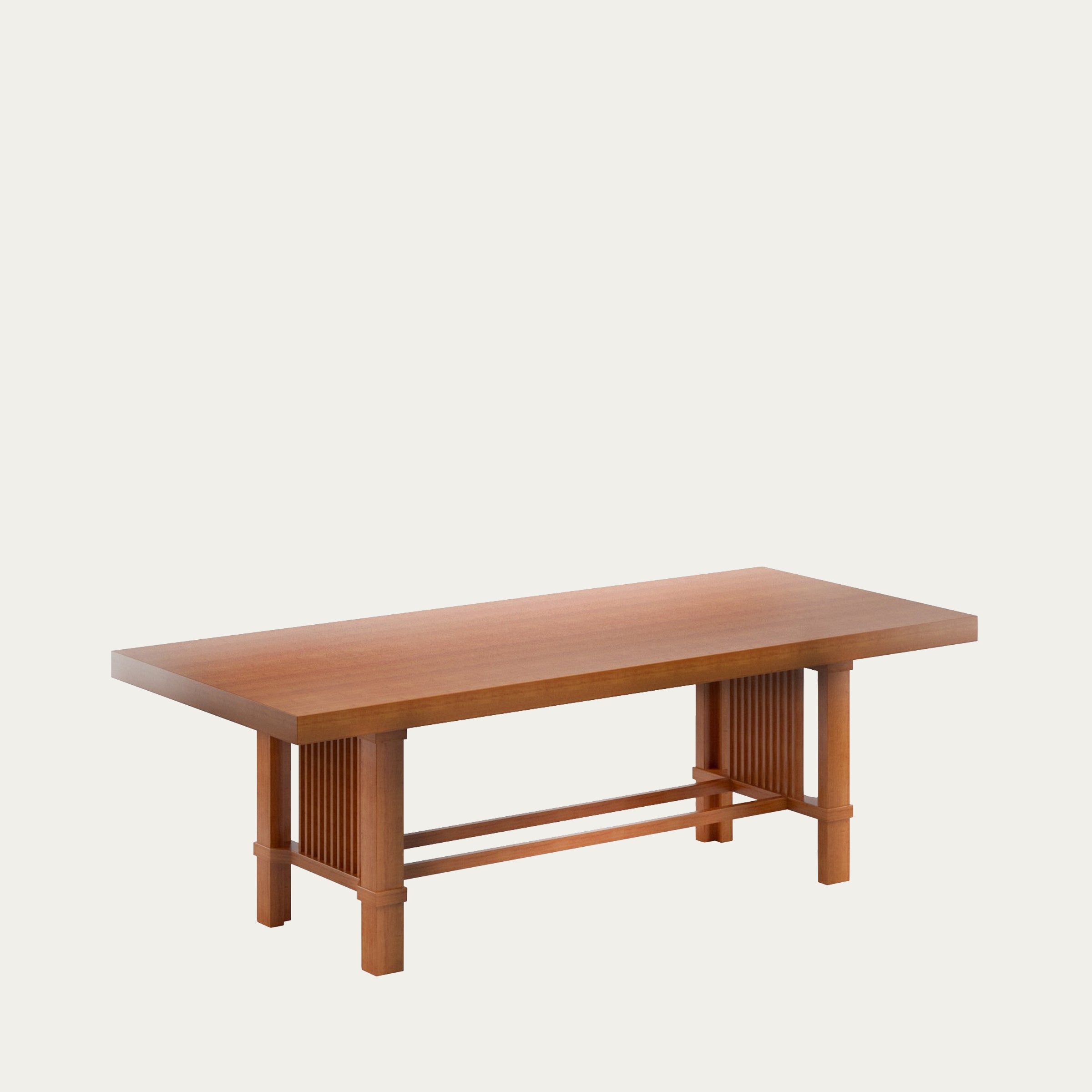 Seitenansicht des Taliesin Tisches von Frank Lloyd Wright mit langem rechteckigem Holzdesign und lamellenartigem Untergestell