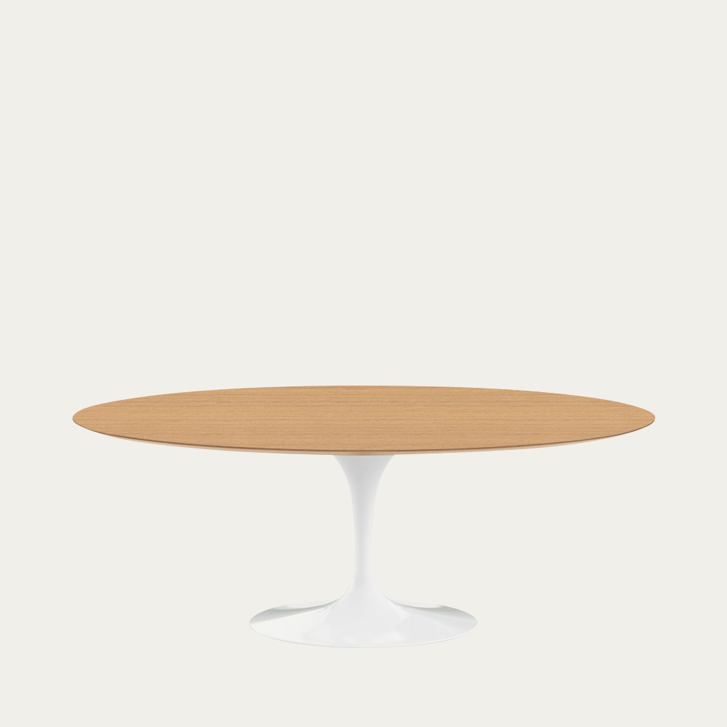 Ovaler Tulip Tisch mit Eichenholz-Tischplatte und weißem Fuß, zeitloses Design