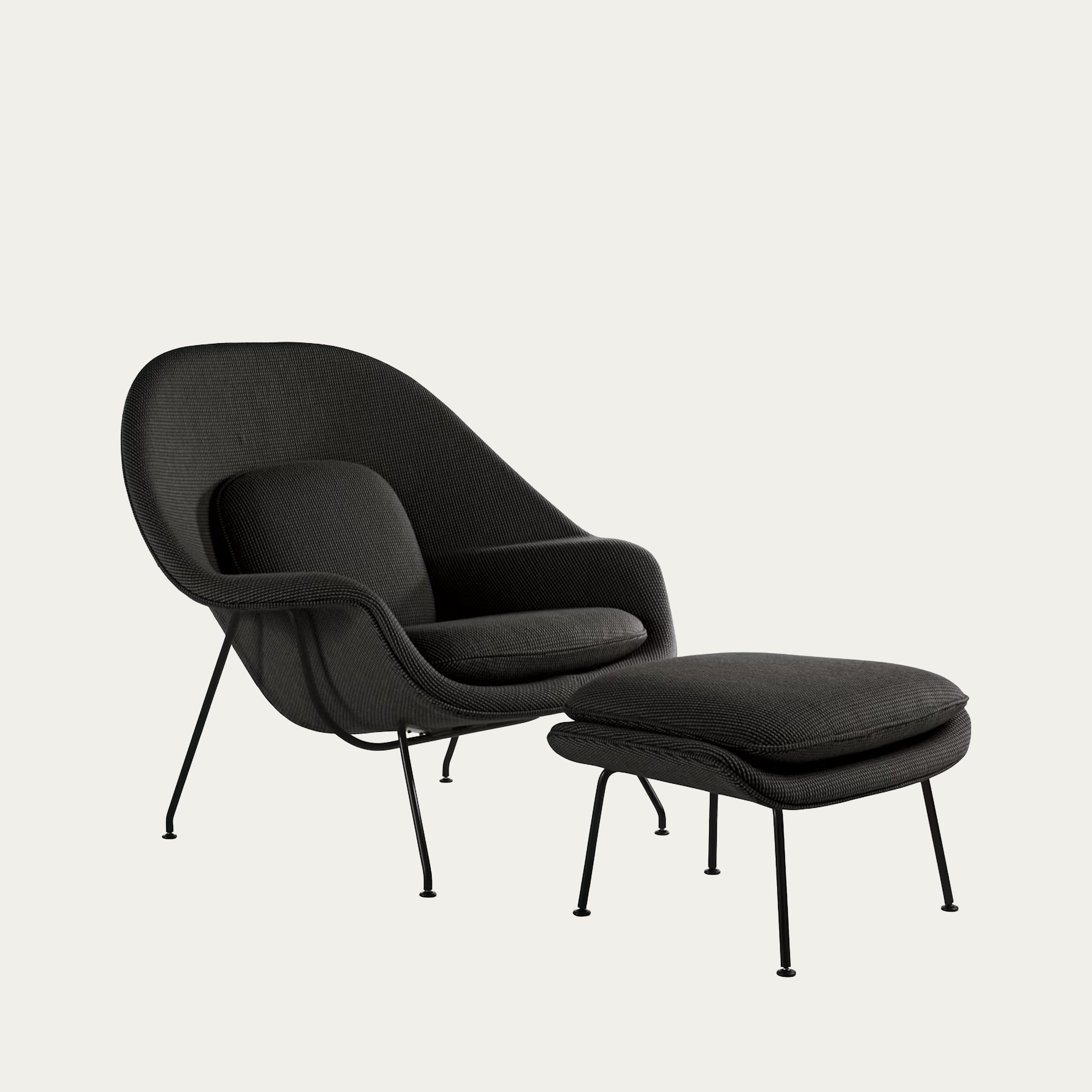 Schwarzer Womb Chair von Eero Saarinen 1948 mit Ottomane, ikonischer Lounge- und Relaxsessel