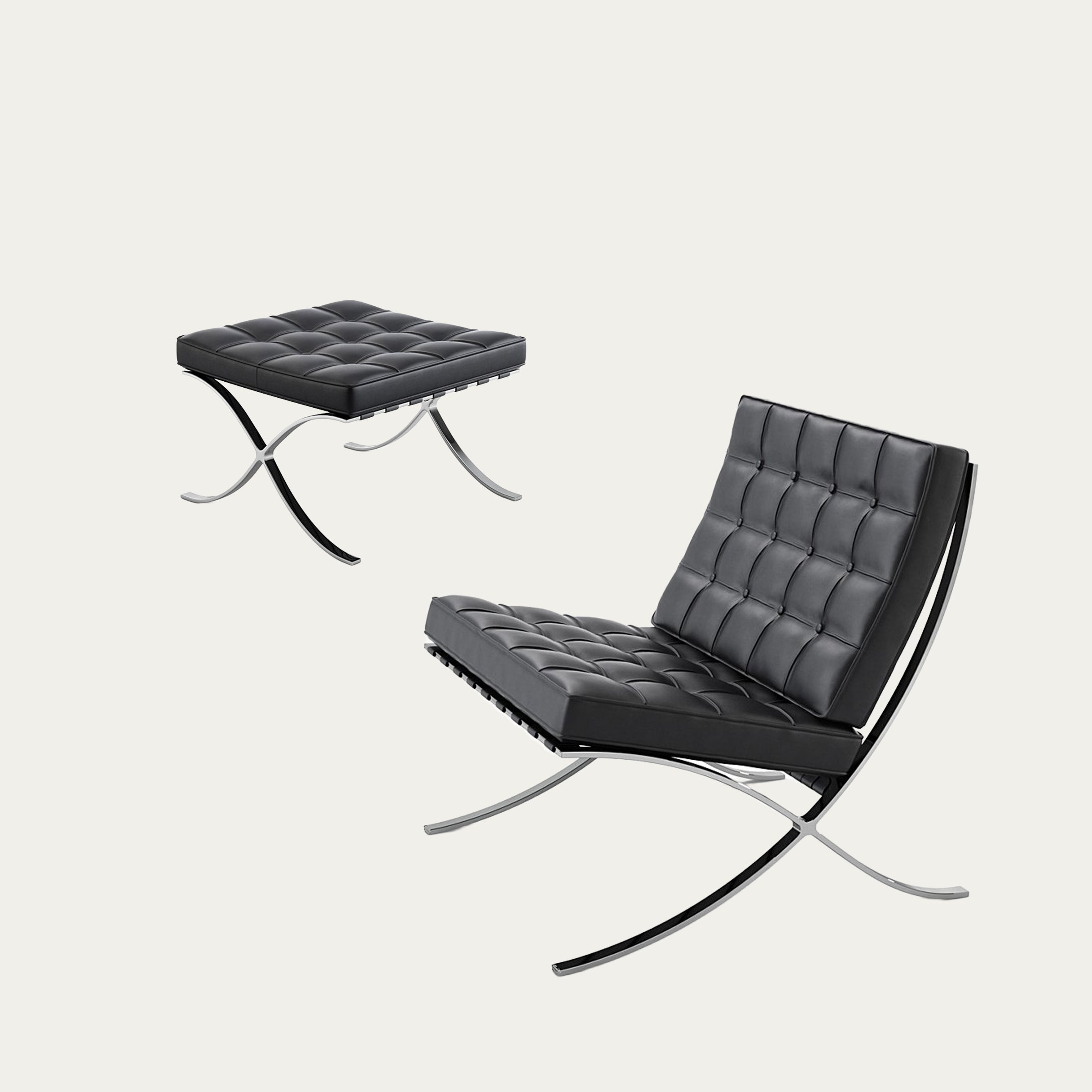 Barcelona Chair und Barcelona Hocker im Set, schwarzes Glattleder mit verchromtem Gestell nach Entwurf von Ludwig Mies van der Rohe