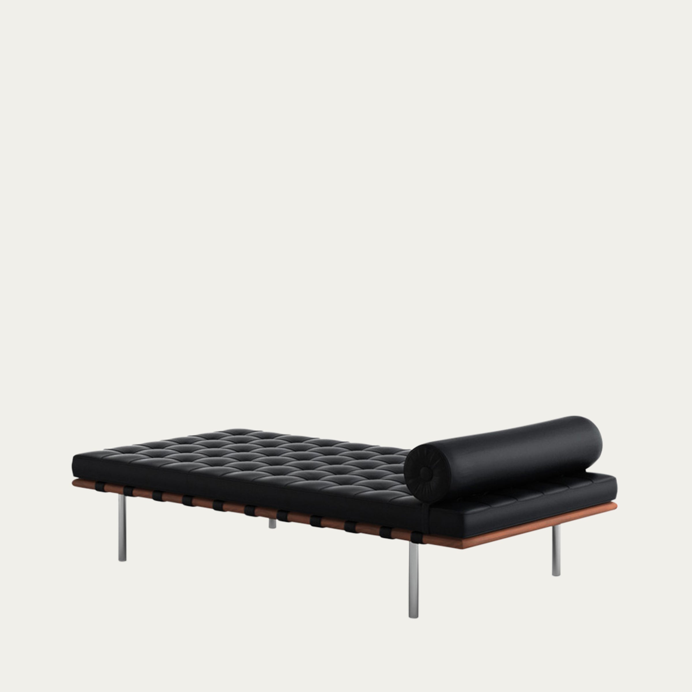 Schwarze Barcelona Couch, hochwertige Tagesliege mit Knopfsteppung und schwarzem Lederrollenkissen