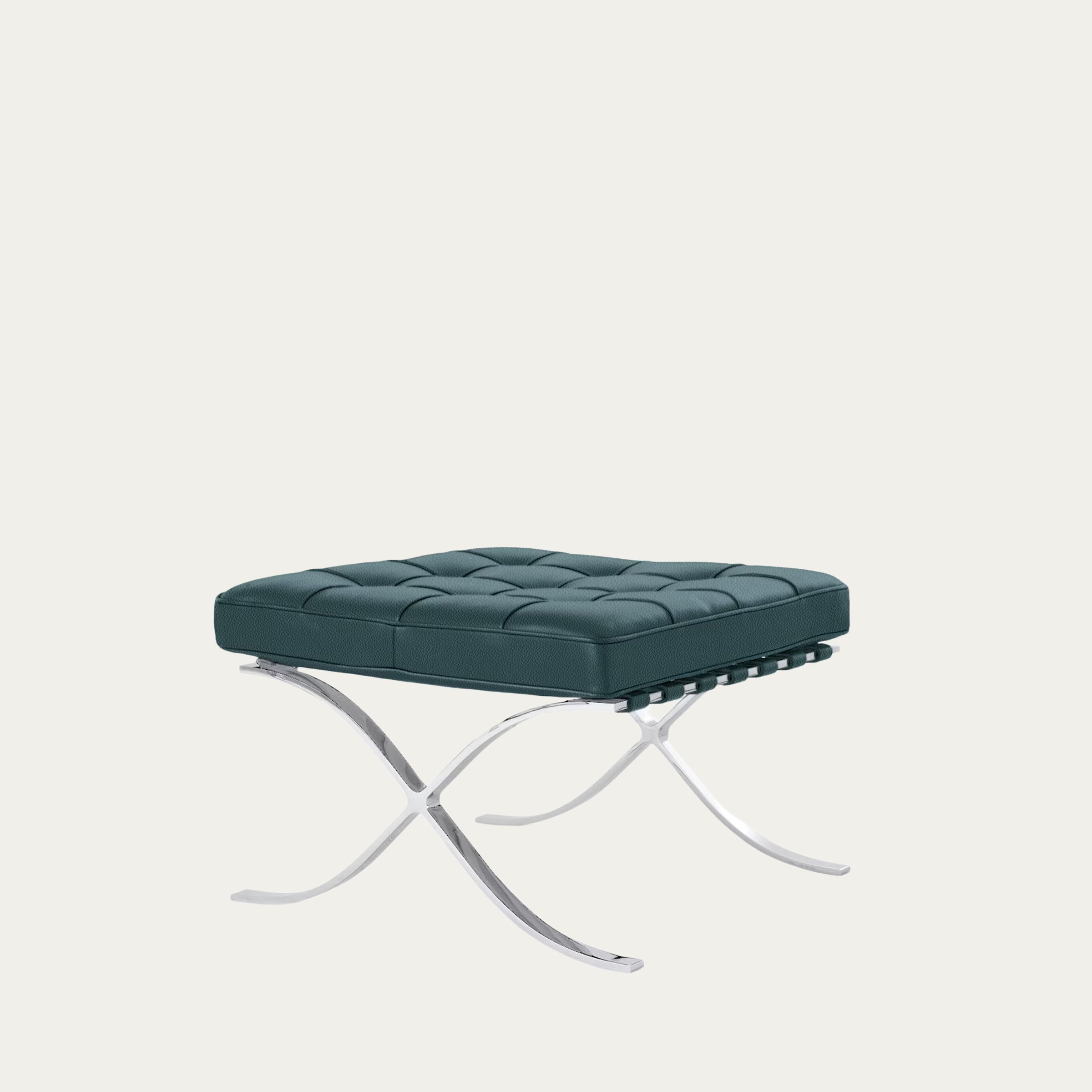 Dunkelgrüner Barcelona Hocker mit gepolsterter Lederauflage und verchromtem X-Gestell