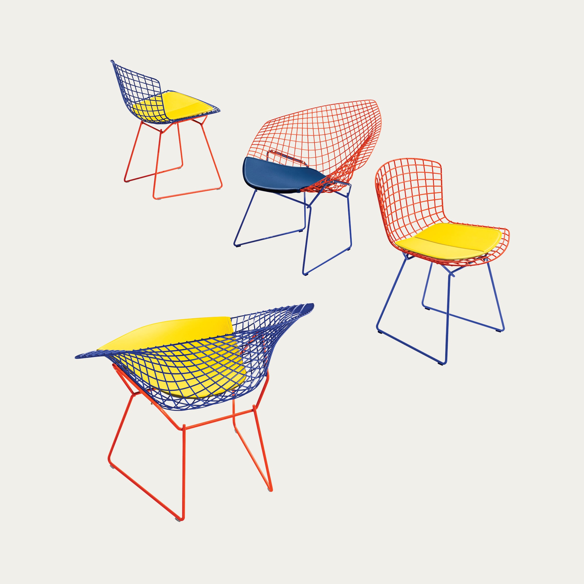 Mehrere Bertoia-Stühle von Harry Bertoia in kräftigen Farben wie Blau, Rot und Gelb mit passenden Sitzpolstern