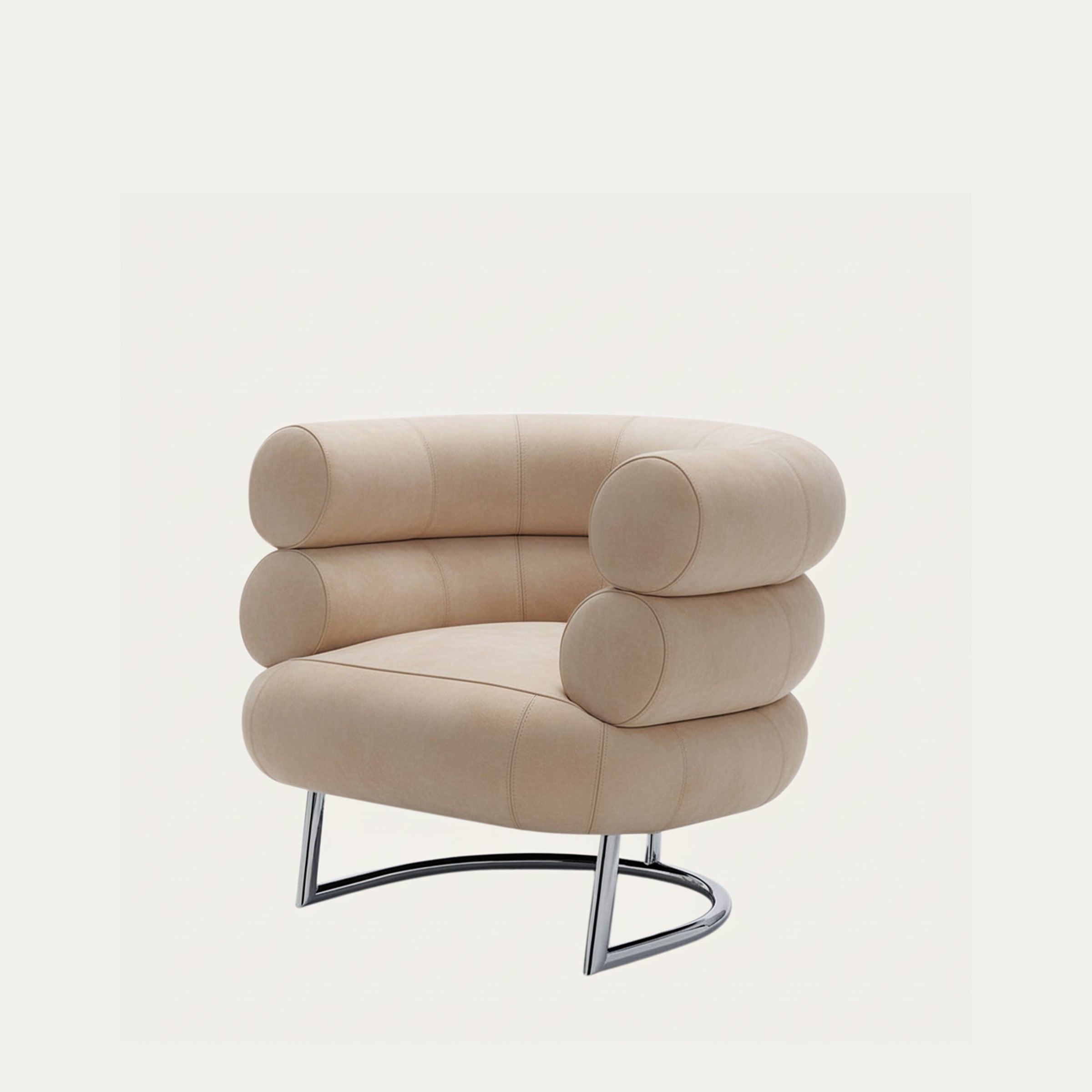 Bibendum Sessel von Eileen Gray 1926 in beigem Stoff, ikonisches Polsterdesign auf verchromtem Stahlrahmen