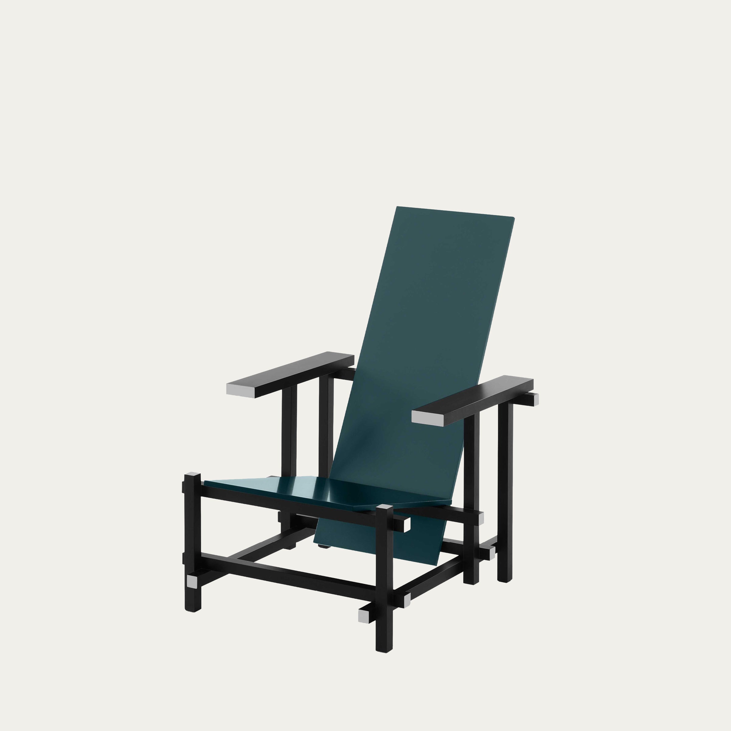 Hinteransicht des Blue Zeilmaker Sessels in Dunkelgrün mit schwarzem Holzrahmen und weißen Akzentdetails