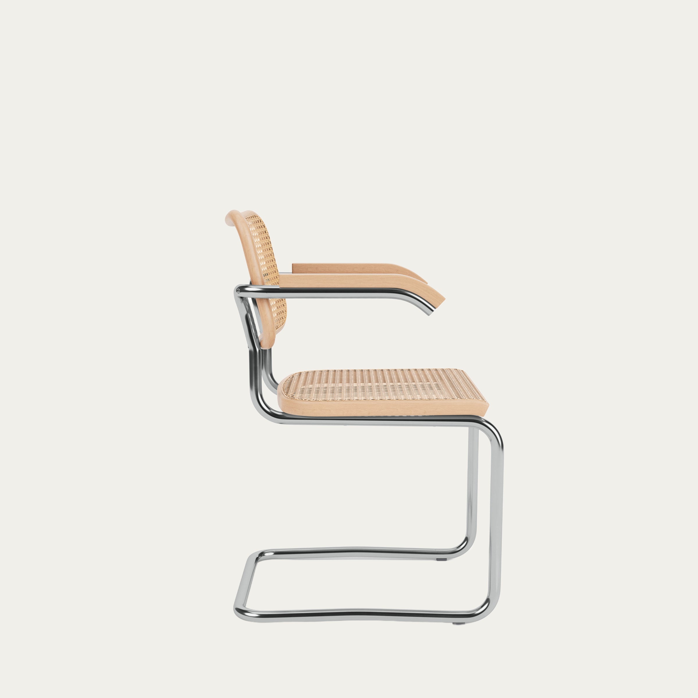 Seitenansicht des Cesca Stuhls mit Armlehnen von Marcel Breuer, Rohrgeflecht und verchromtem Stahlrahmen, 1928
