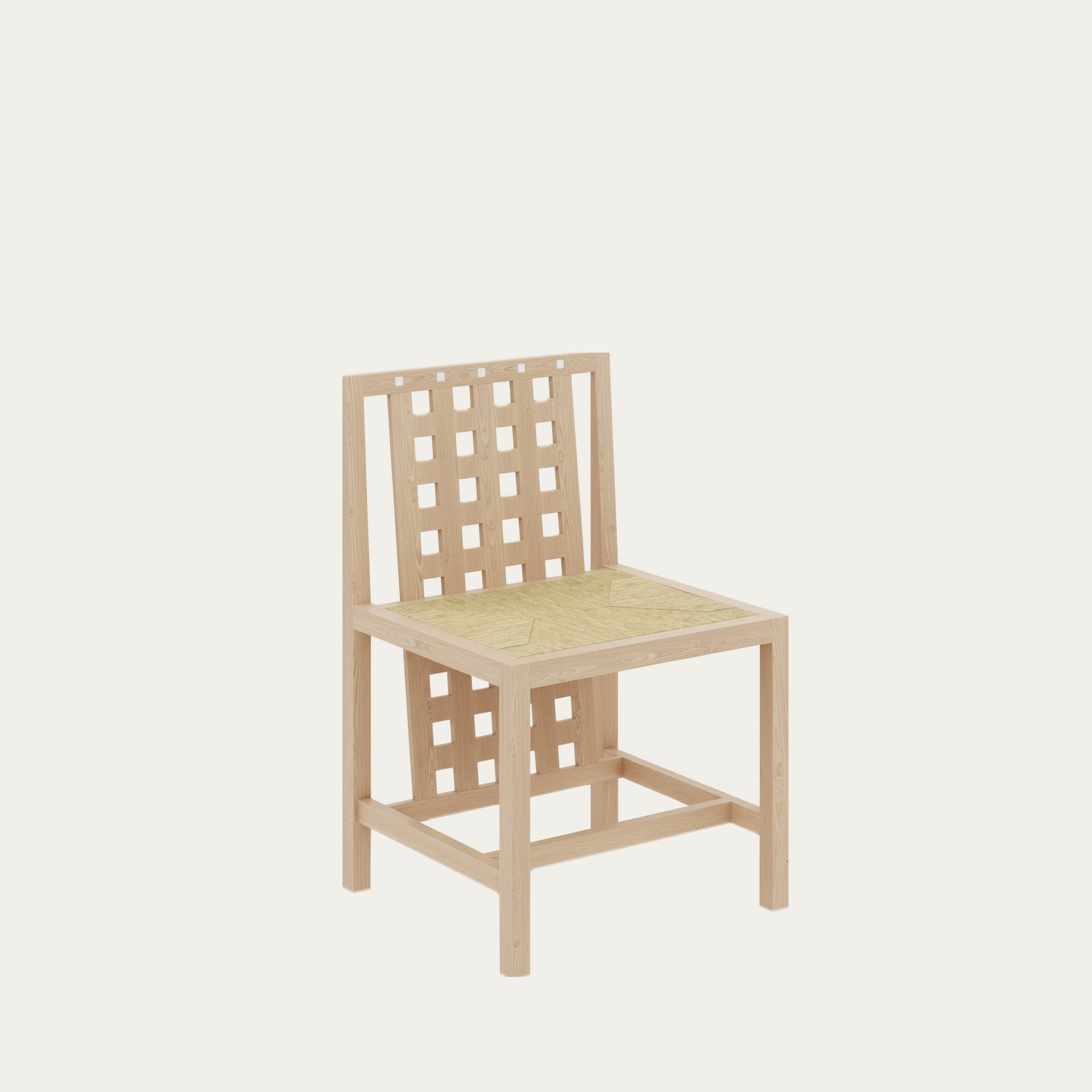 D.S.3 Stuhl von Charles Rennie Mackintosh 1918 in heller Holzausführung mit geflochtener Sitzfläche und typischer Gitterlehne, zeitloses Design