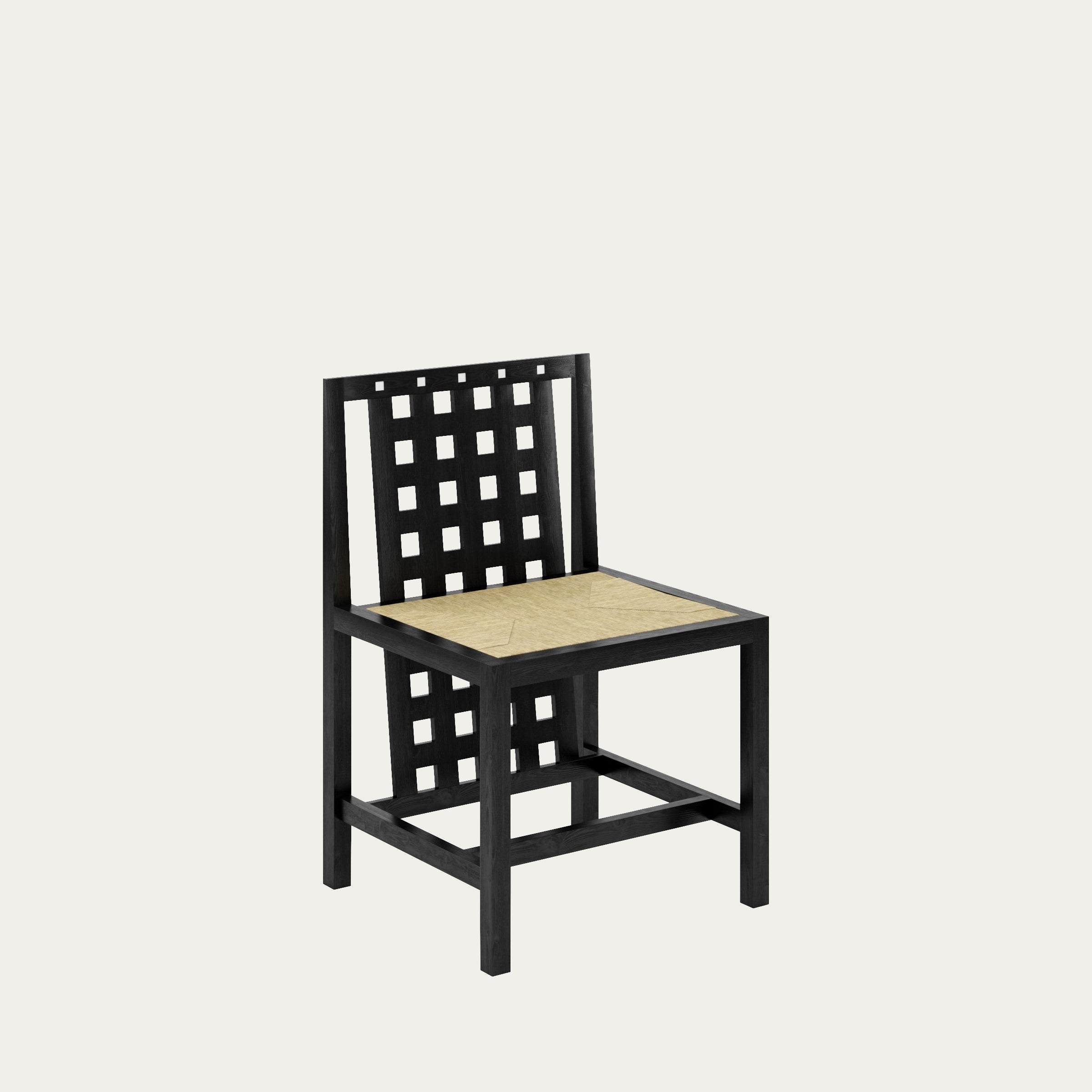 D.S.3 Stuhl von Charles Rennie Mackintosh 1918 mit frontal sichtbarer Gitterlehne und Sitzfläche aus Naturfaser, strenge geometrische Formsprache