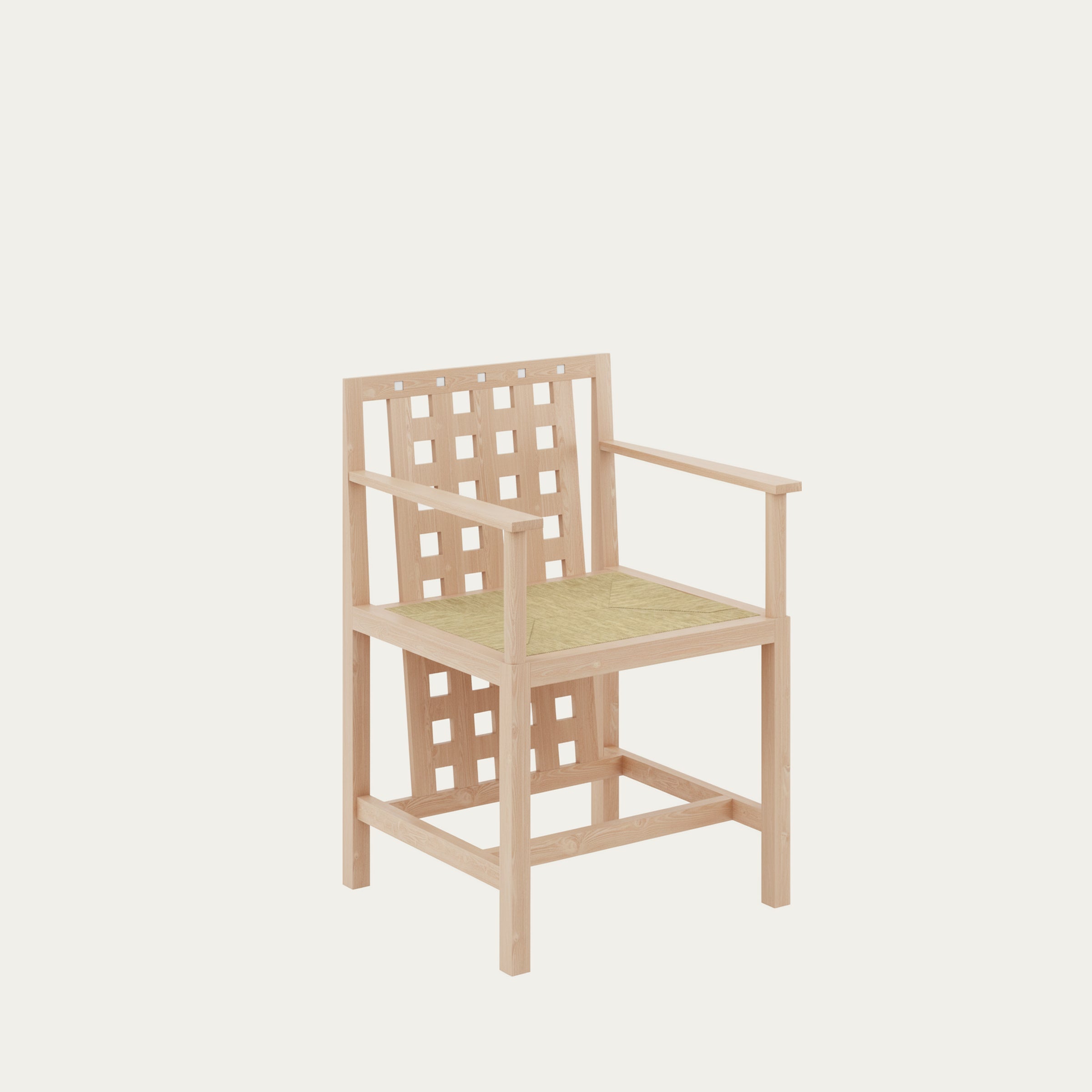 D.S.4 Stuhl von Charles Rennie Mackintosh 1918 in heller Holzausführung mit markanter Gitterstruktur, Armlehnen und Sitz aus Naturfaser