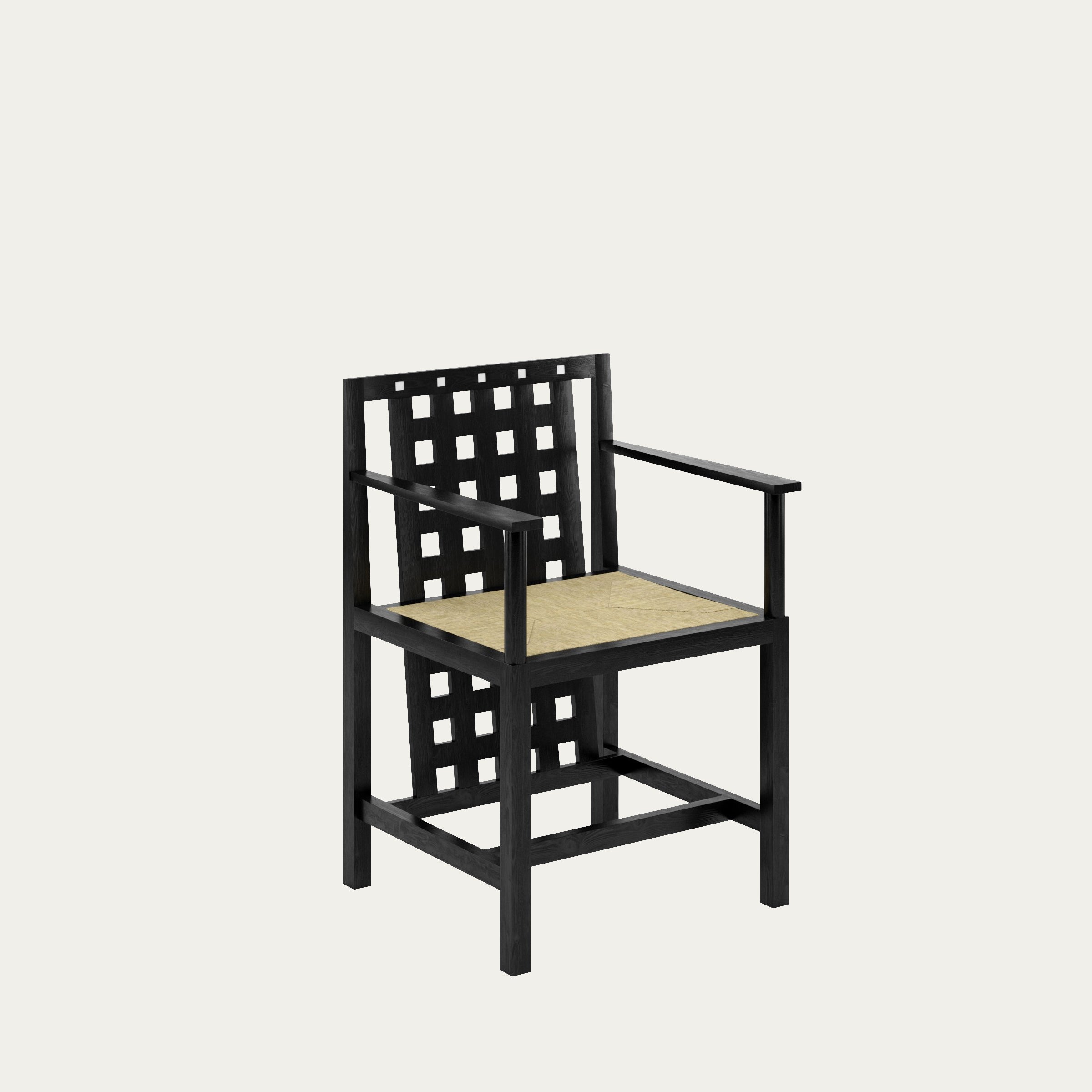 D.S.4 Stuhl von Charles Rennie Mackintosh 1918 in schwarzer Ausführung mit geometrischer Gitterrückenlehne, Armlehnen und geflochtenem Sitz