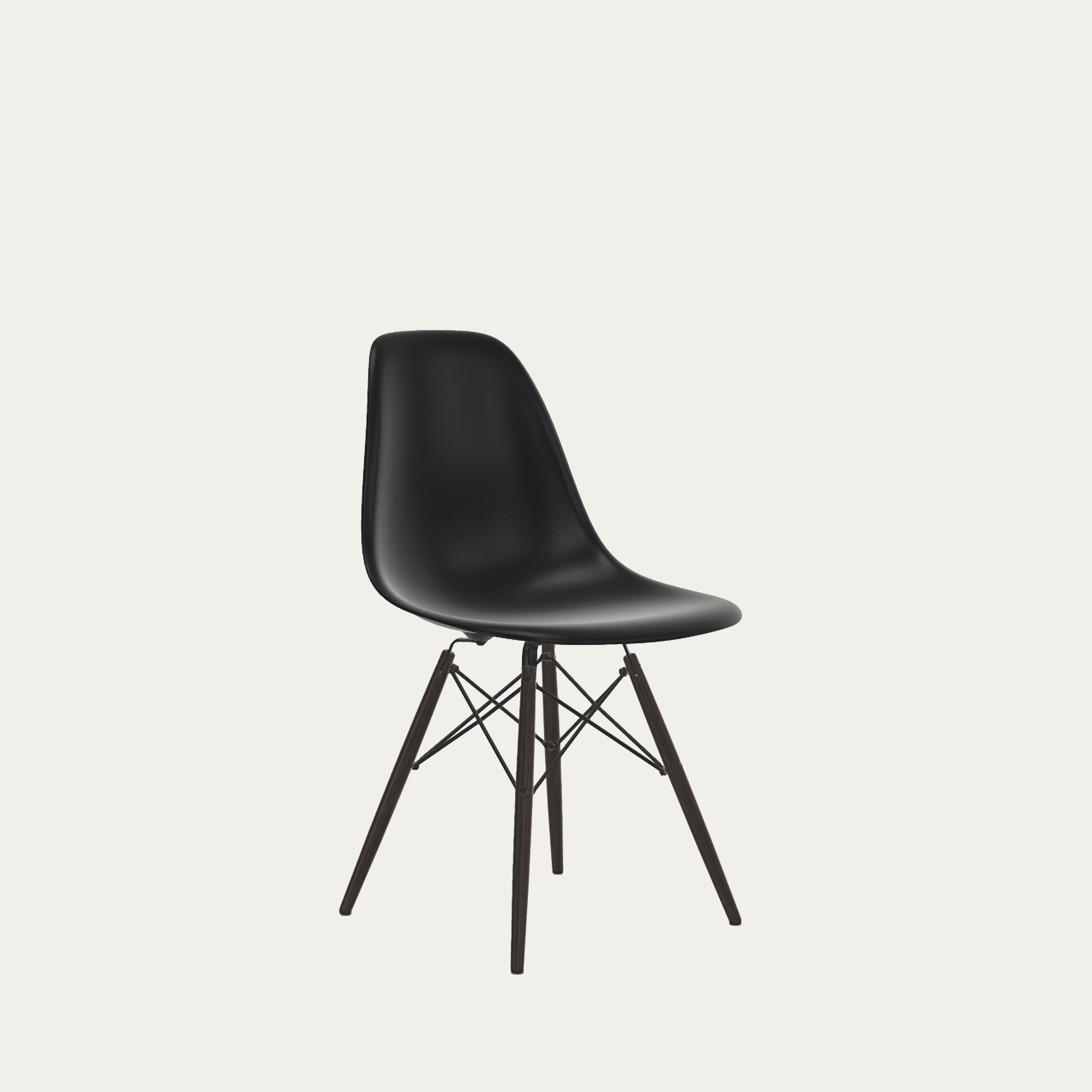 Ikonischer DSW Stuhl von Charles & Ray Eames aus dem Jahr 1950 in Schwarz, ergonomische Sitzschale mit Holzbeinen und Drahtverstrebung im Mid-Century-Stil