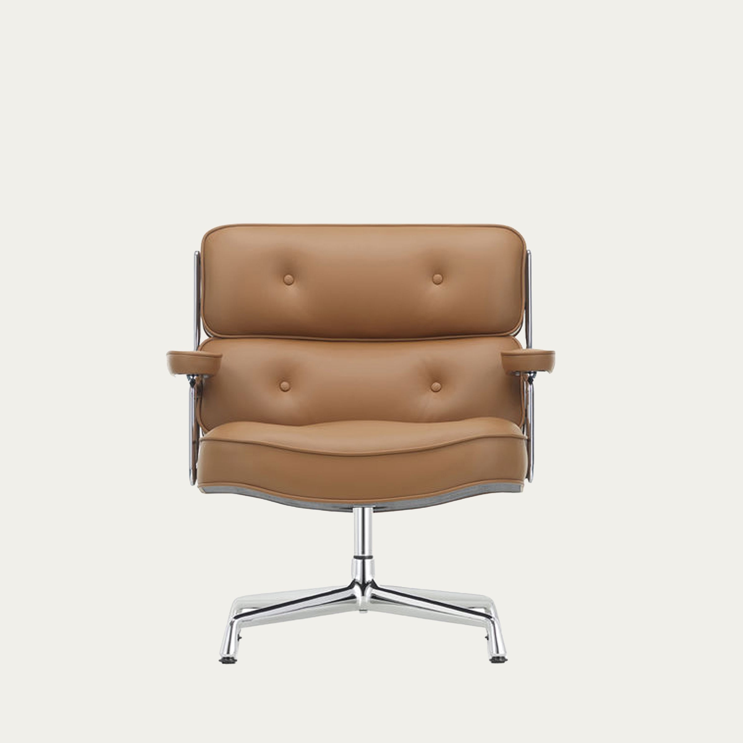 Frontansicht des ES 104 Lobby Chair von Charles & Ray Eames mit braunem Leder, Aluminiumgestell und klassischem Mid-Century-Design