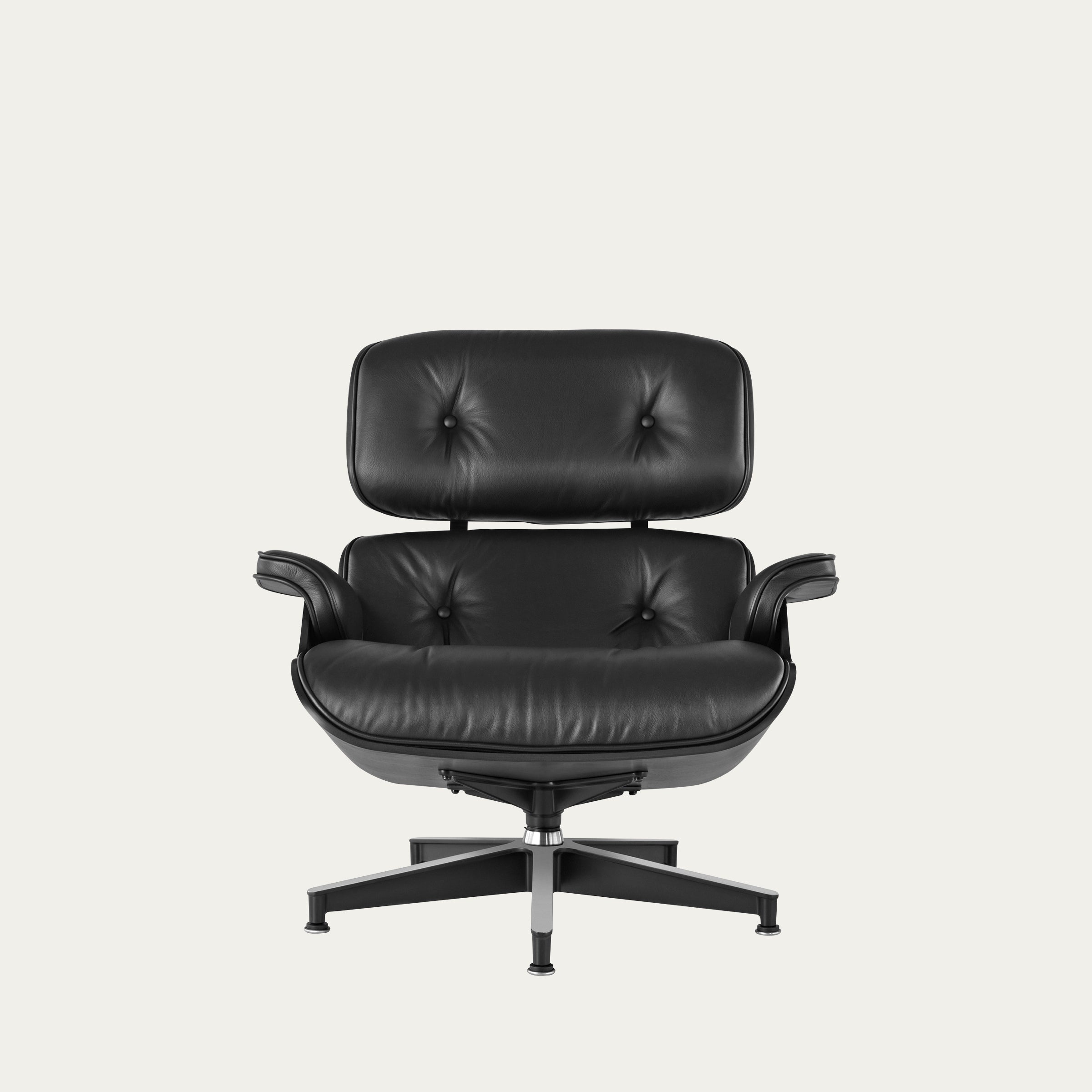 Frontansicht des Eames Lounge Chair von Charles & Ray Eames in komplett schwarzer Leder- und Holz-Optik
